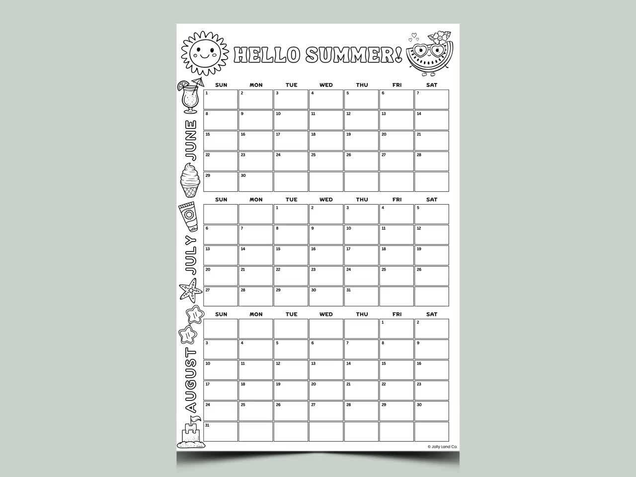 Giant 2025 Kids Summer Calendar Printable 24x36 Wall Poster With Coloring Fun Summer Activity Planner For Children Instant Download Etsy