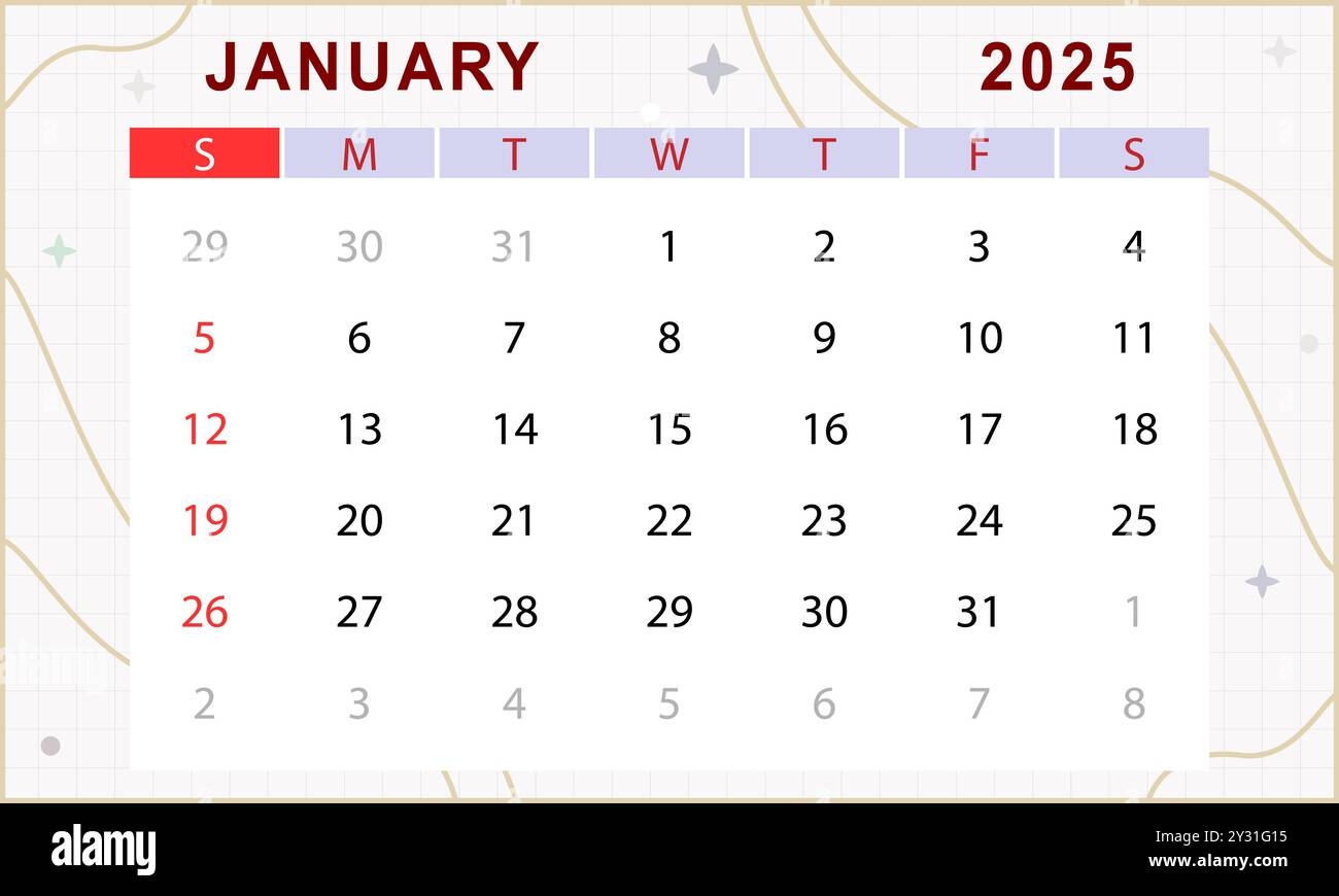 January 2025 Monthly Calendar Cute Calendar Template Sunday Start Vector Design Stock Vector Image Art Alamy
