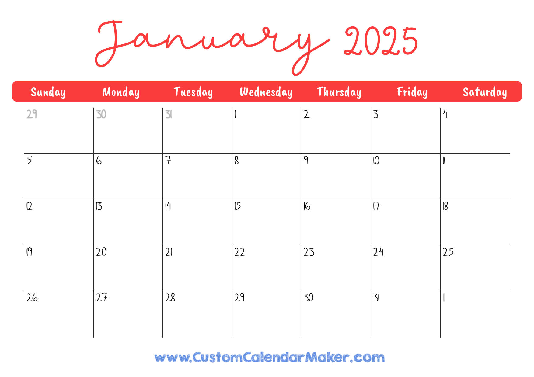 January 2025 Printable Calendar 23 Free Templates PDF Custom Calendar Maker