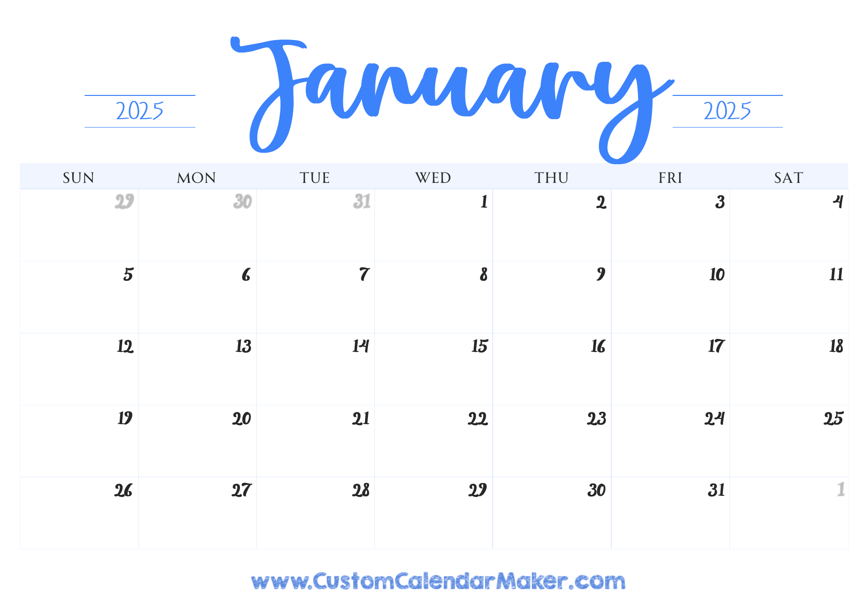 January 2025 Printable Calendar 23 Free Templates PDF Custom Calendar Maker