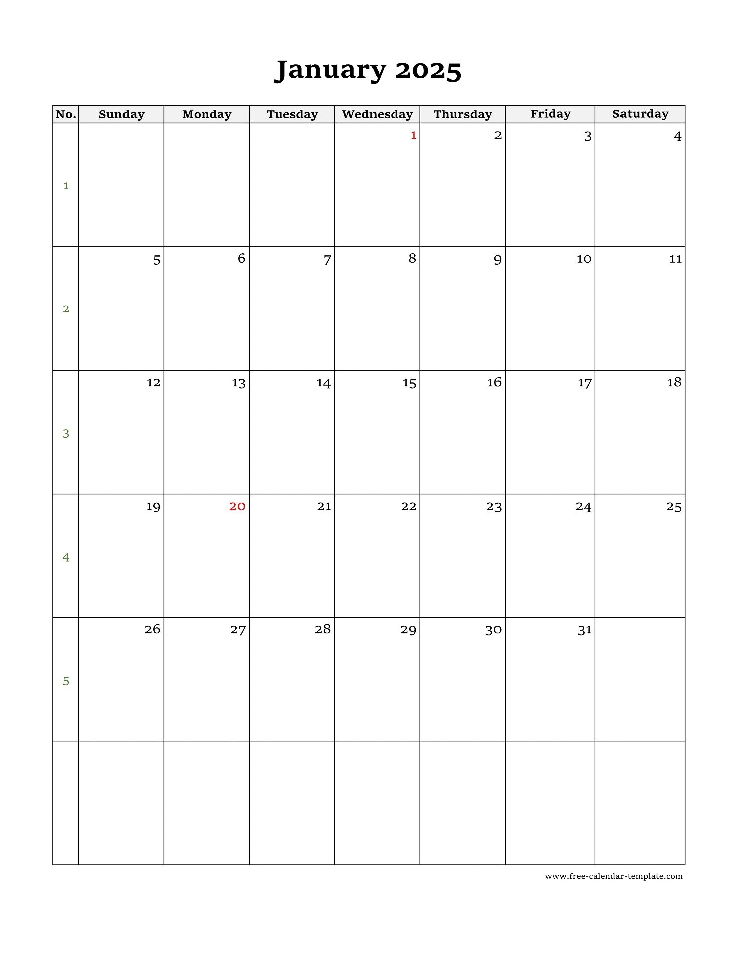 January Calendar 2025 Simple Design With Large Box On Each Day For Notes Free calendar template