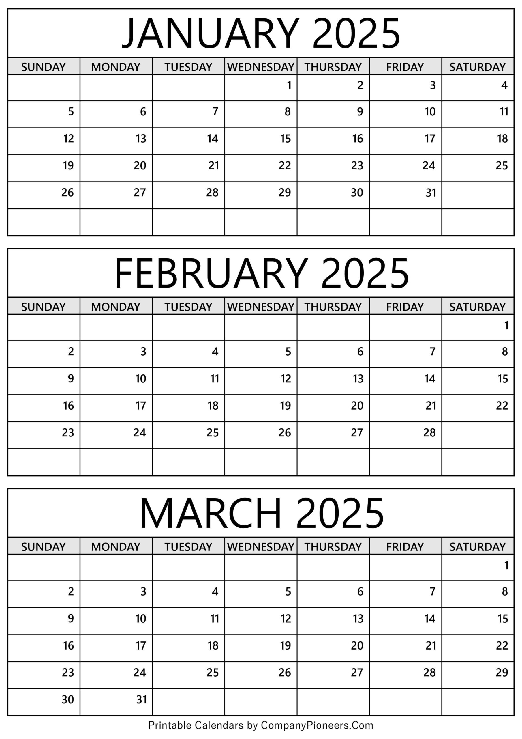 Blank Three Month Calendar 2025