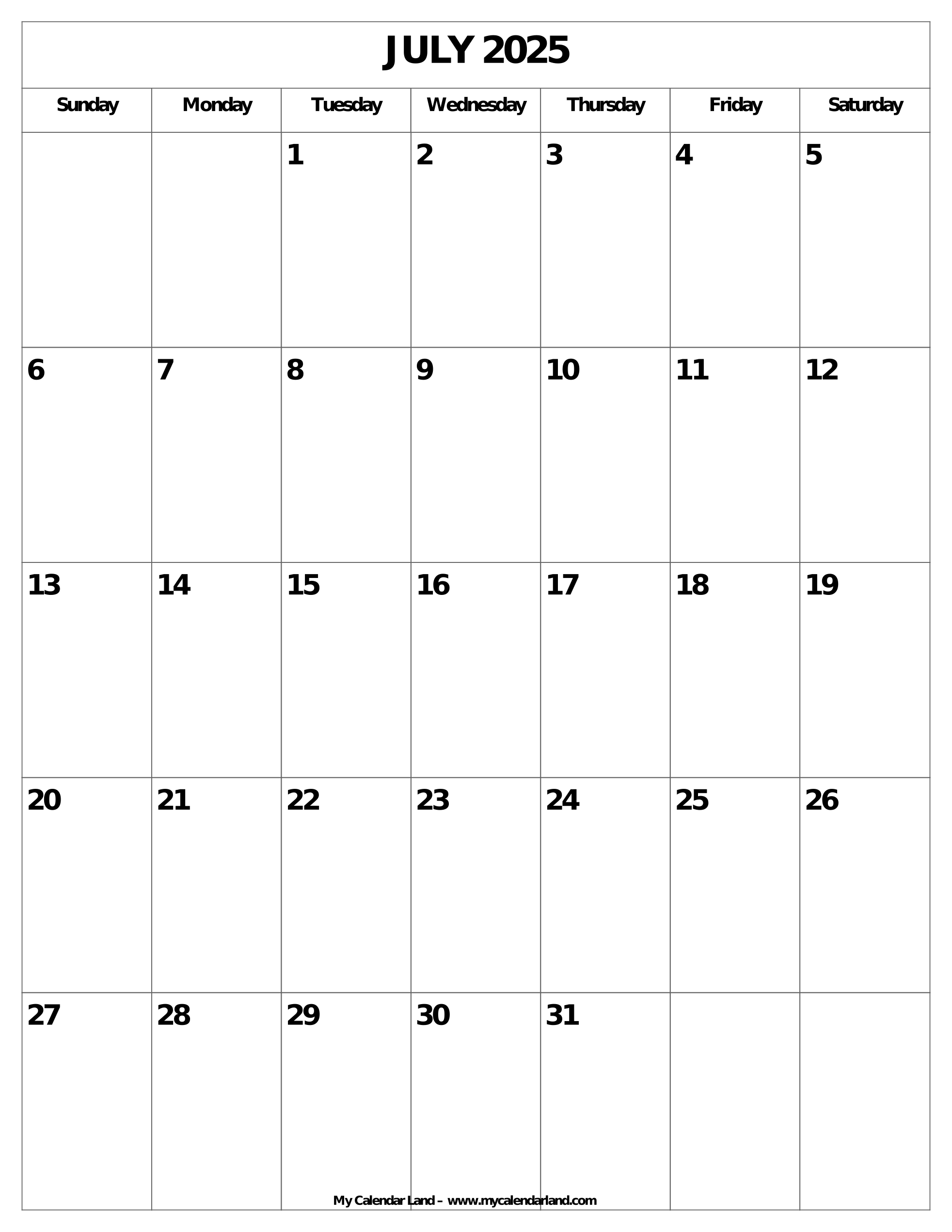 July 2025 Calendar My Calendar Land