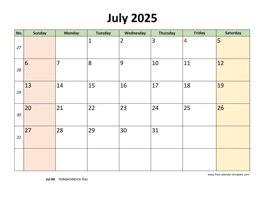 July 2025 Calendar Printable With Coloring On Weekend horizontal Free Calendar template
