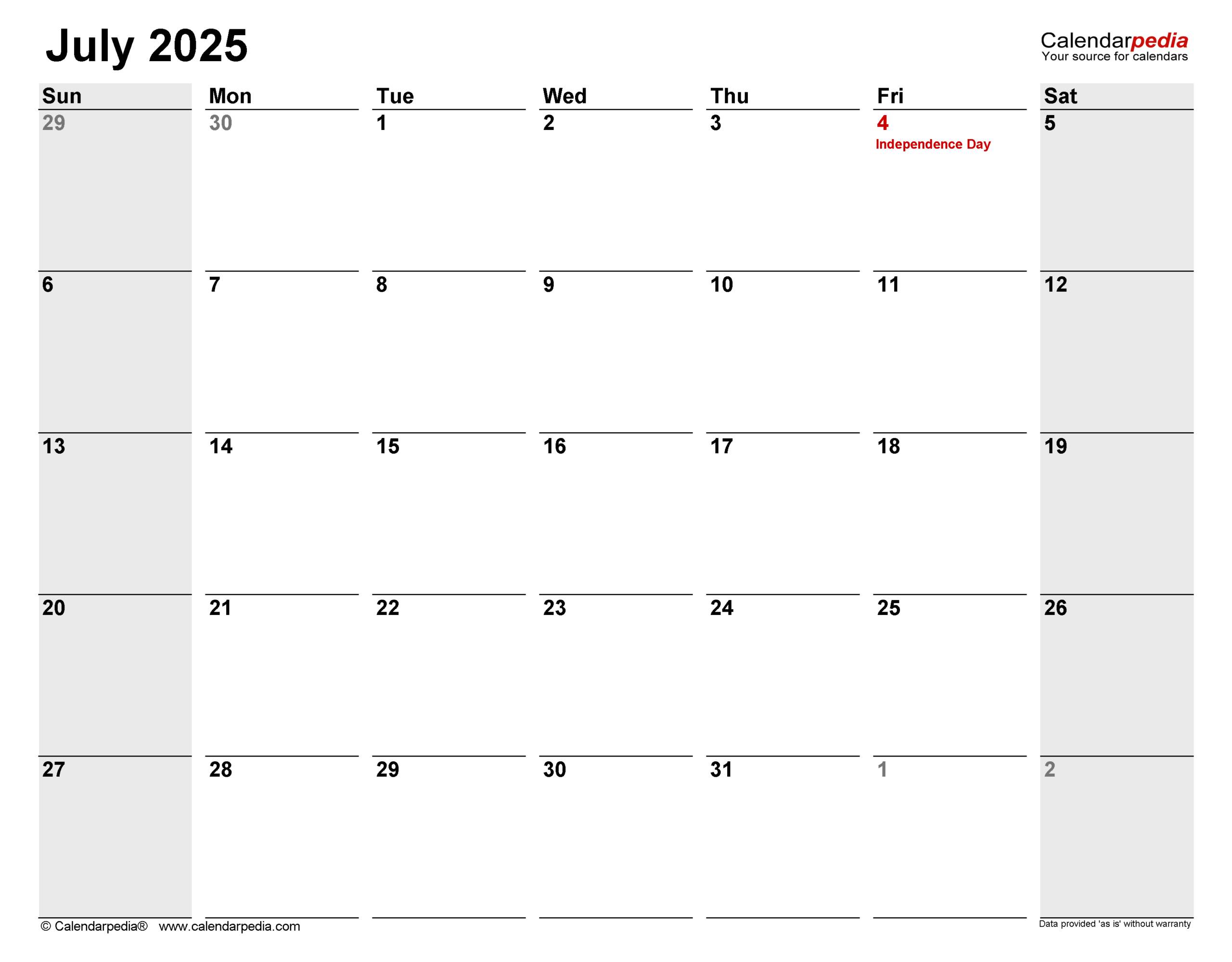 July 2025 Calendar Templates For PDF Excel And Word