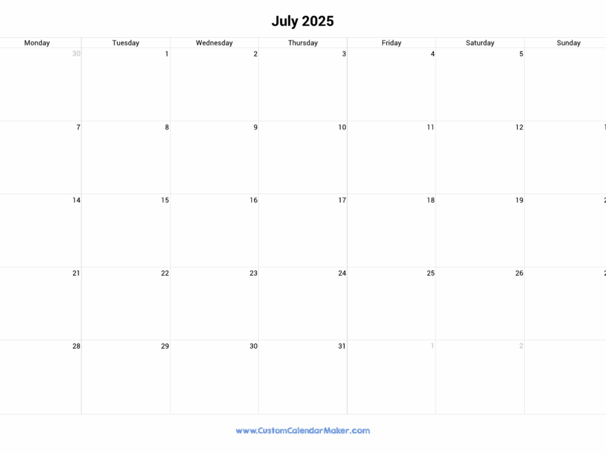 July 2025 Monday Start Calendar Monday To Sunday Custom Calendar Maker