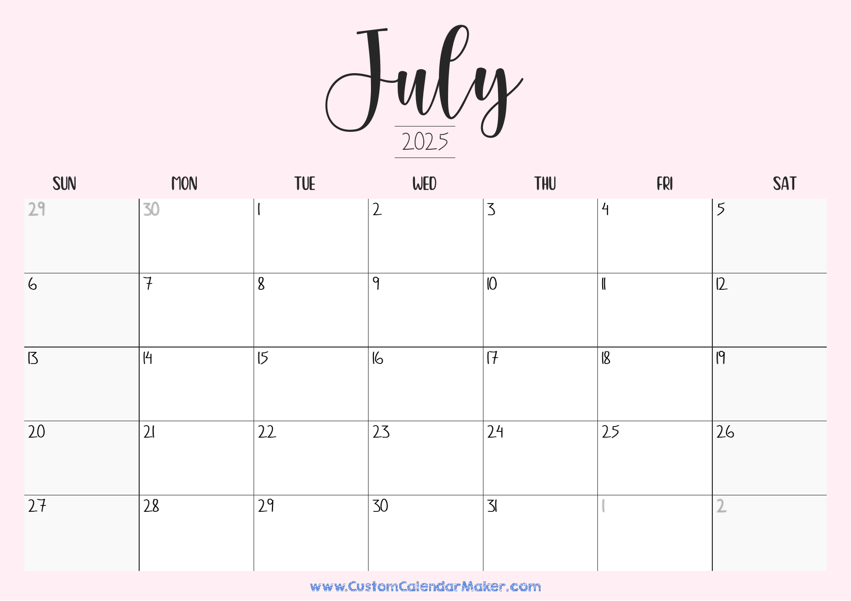Blank Pink 2025 Calendar