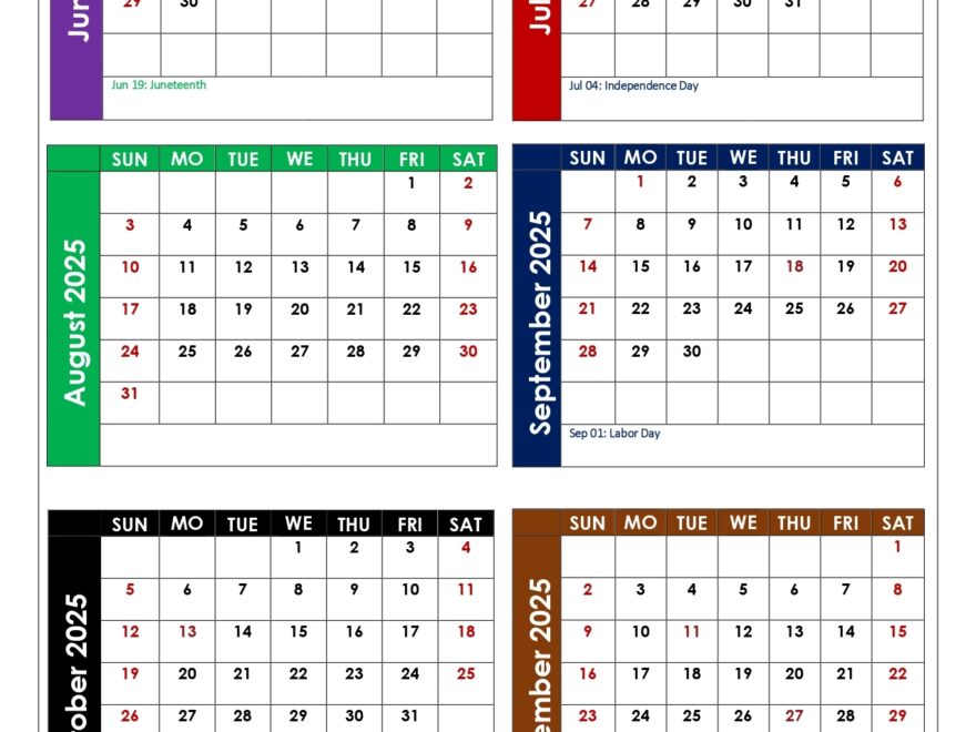 June To November 2025 Calendar Printable PDF Six Months Calendar