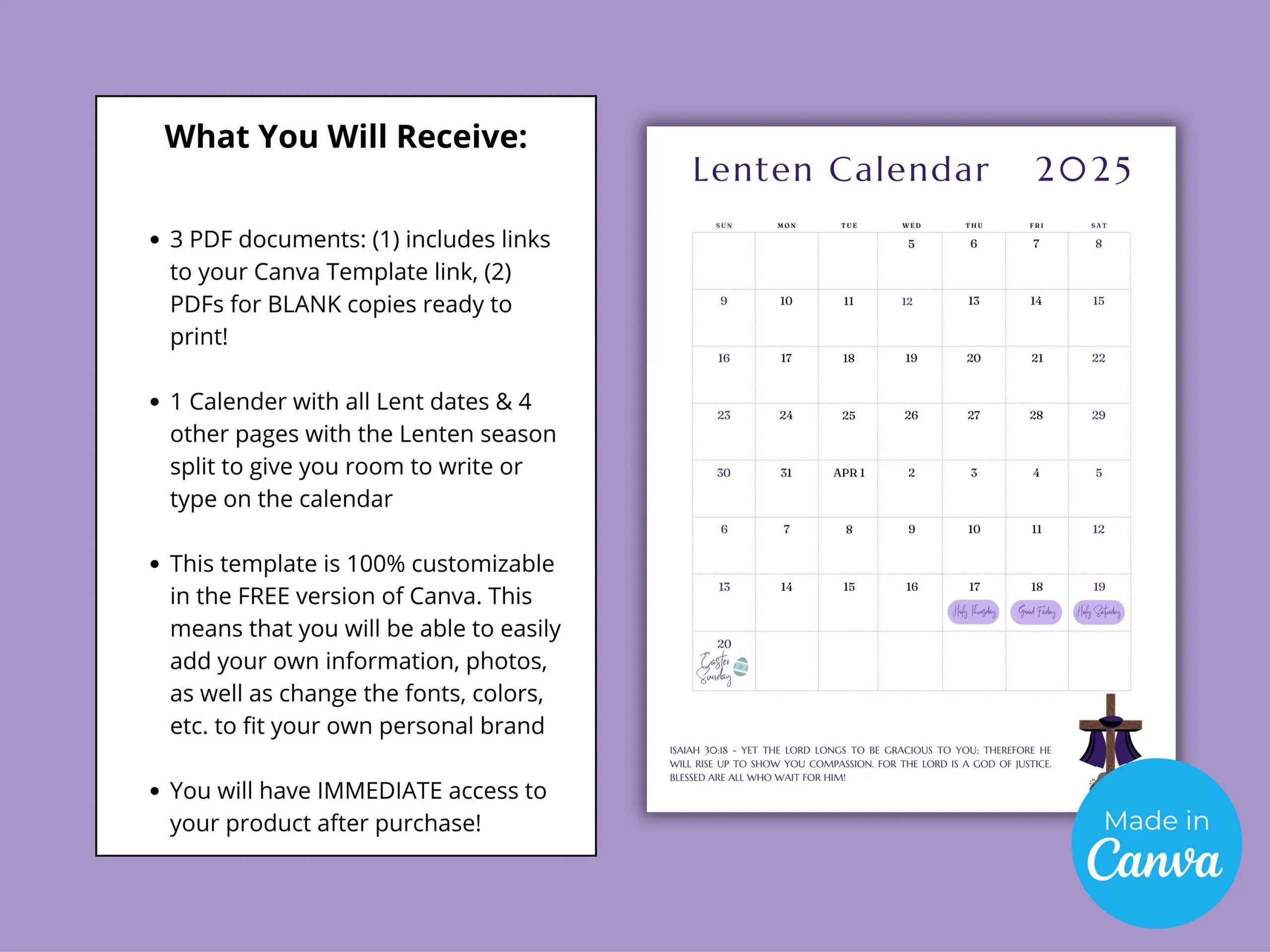 Lenten Calendar 2025 Printable Lenten Prayer Calendar Easter Countdown Customizable Lenten Calendar Ash Wednesday Planner Etsy