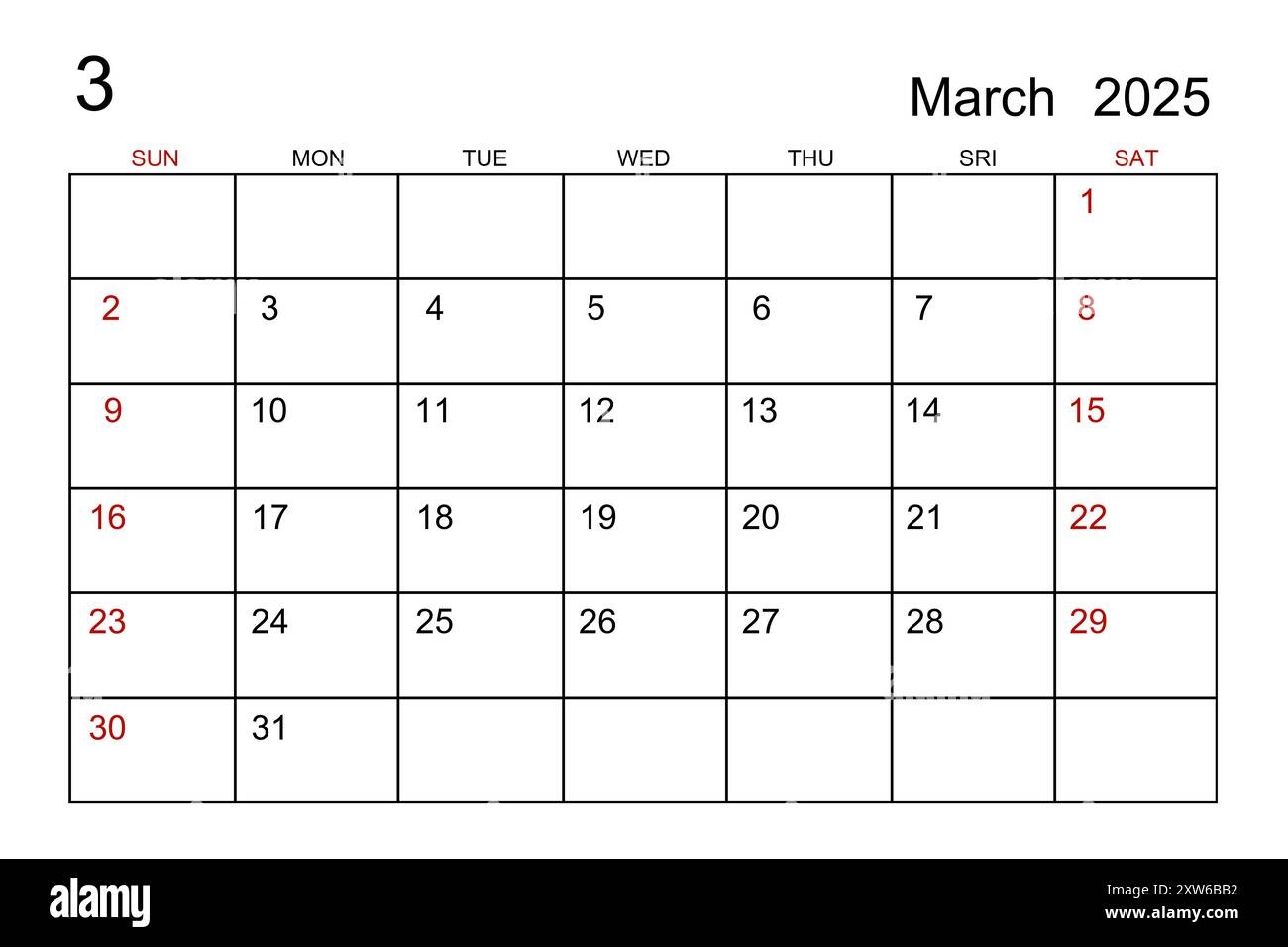 March 2025 Calendar Template On White Paper Background Stock Photo Alamy