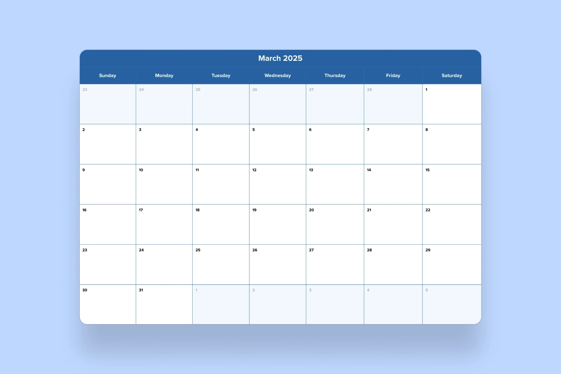 March 2025 Calendar Template