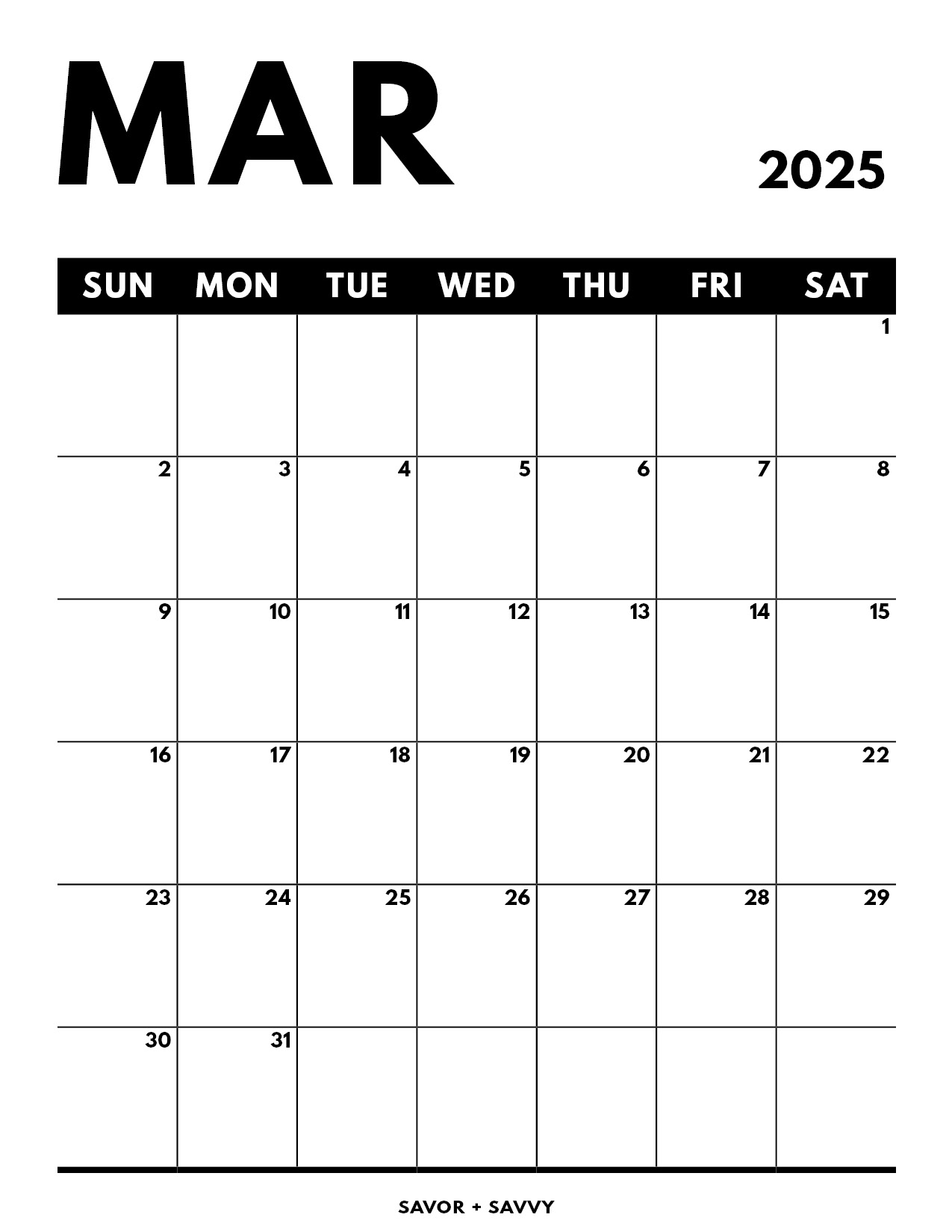 Blank Month Calendar Printable 2025