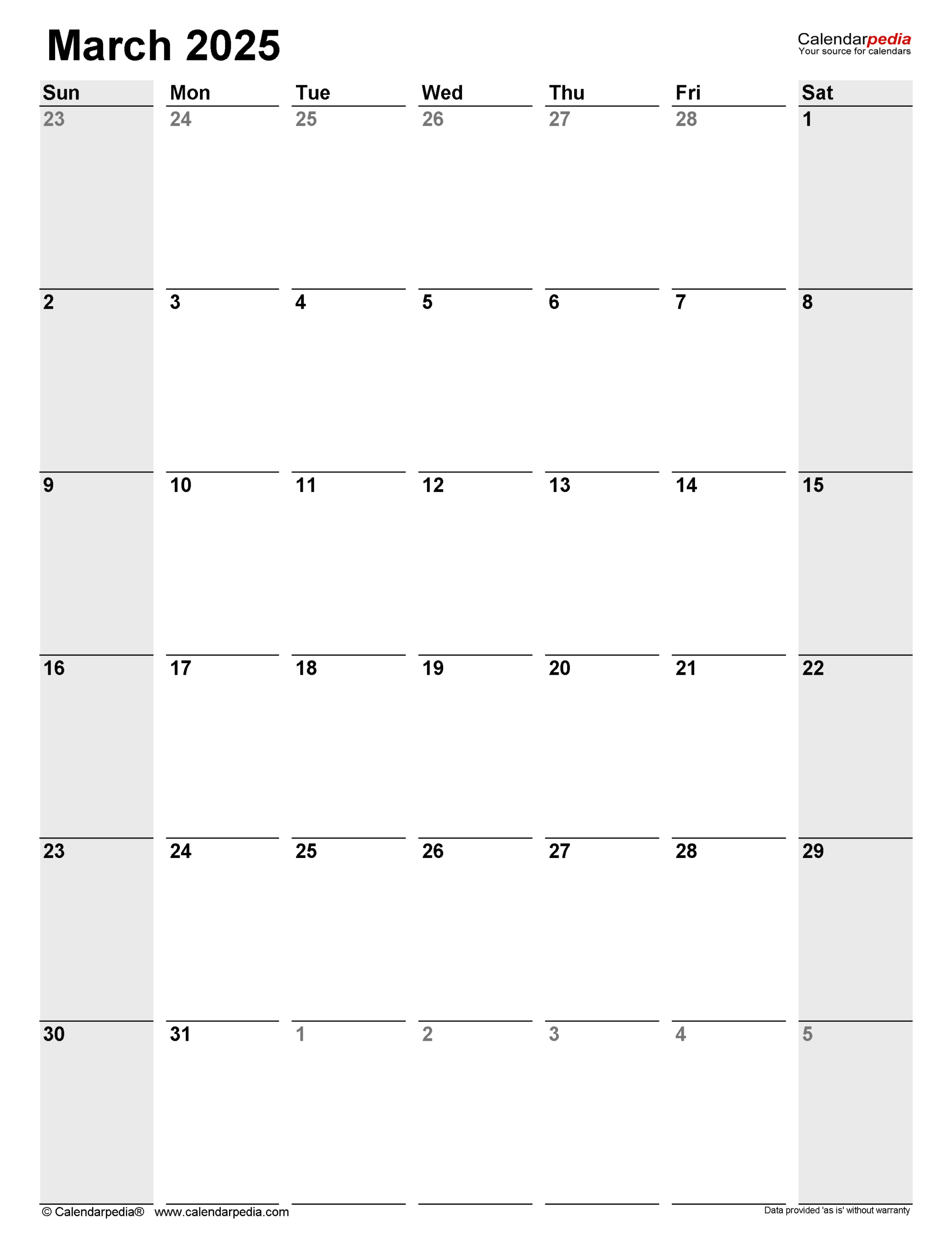 Mar Blank Calendar 2025