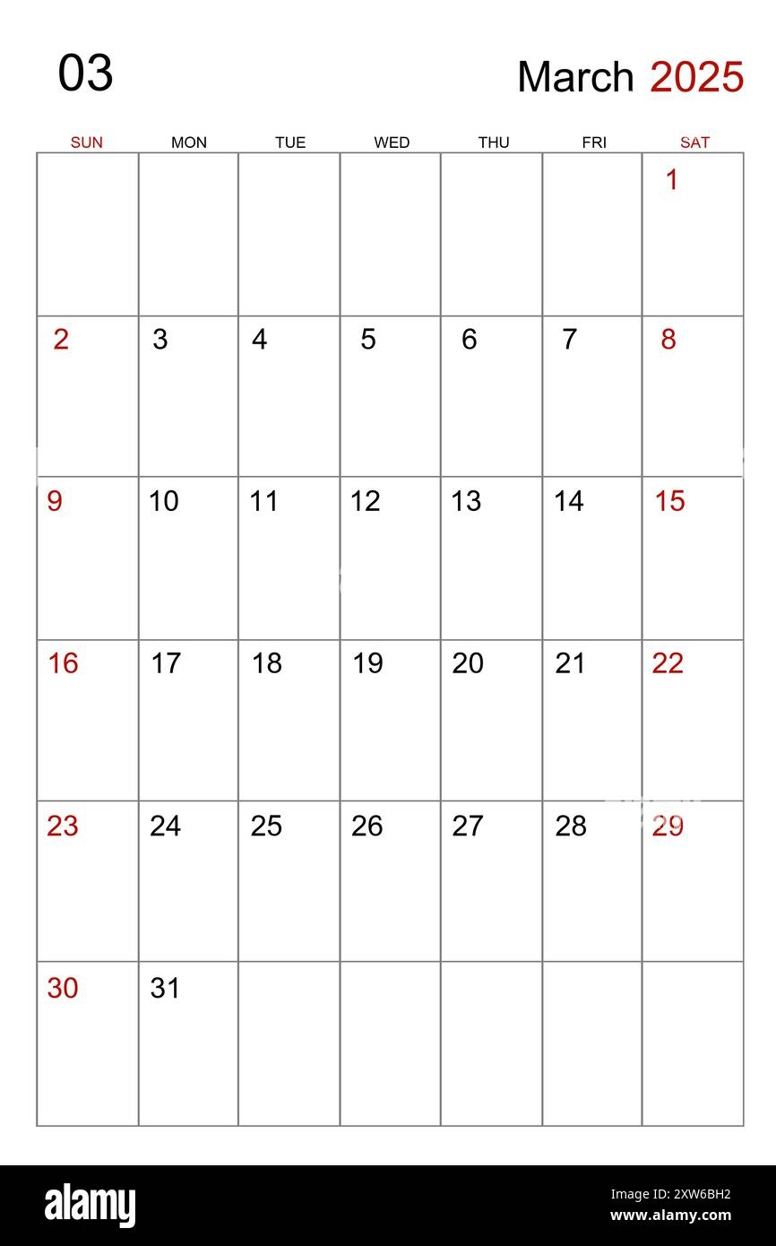 March 2025 Calendar Vertical Template On White Background Stock Photo Alamy