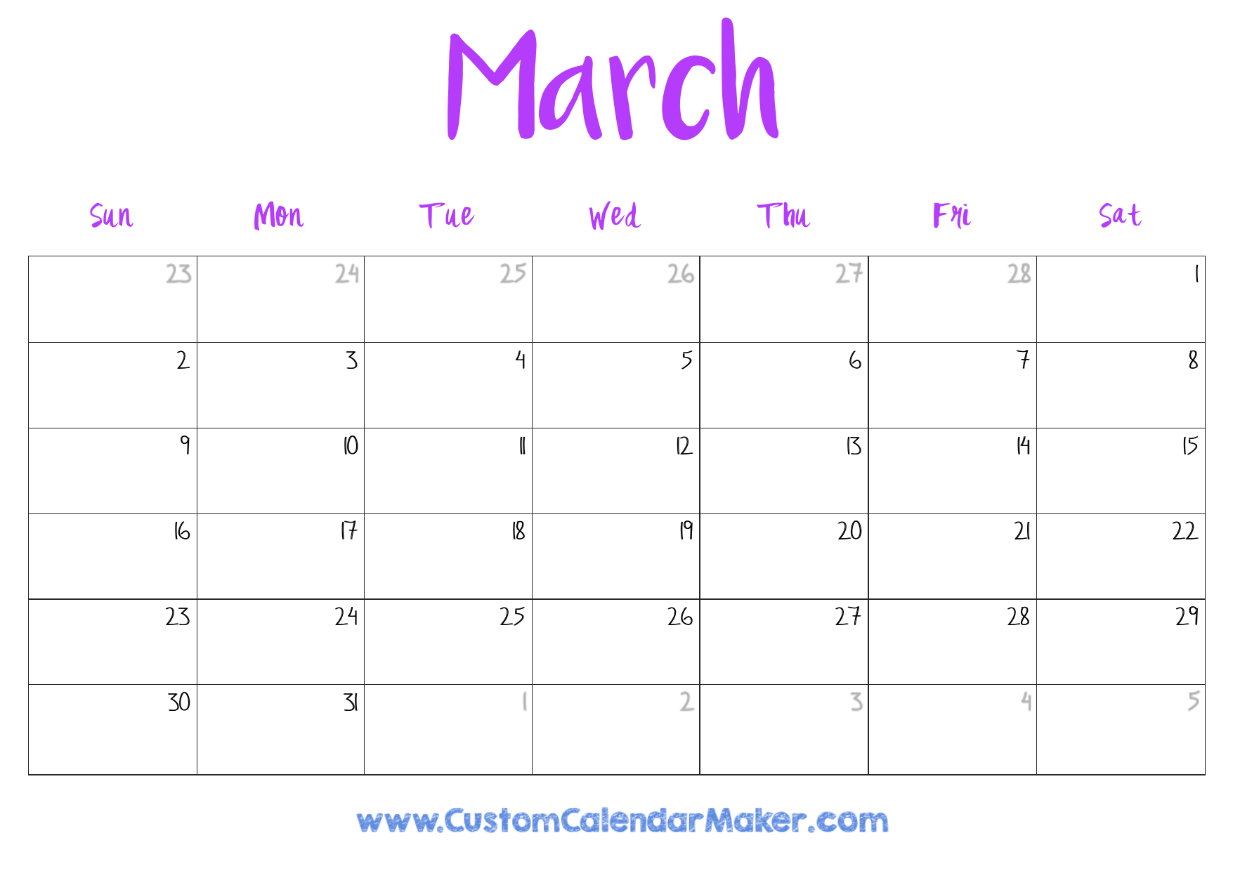 March 2025 Printable Calendar 23 Free Templates PDF Custom Calendar Maker