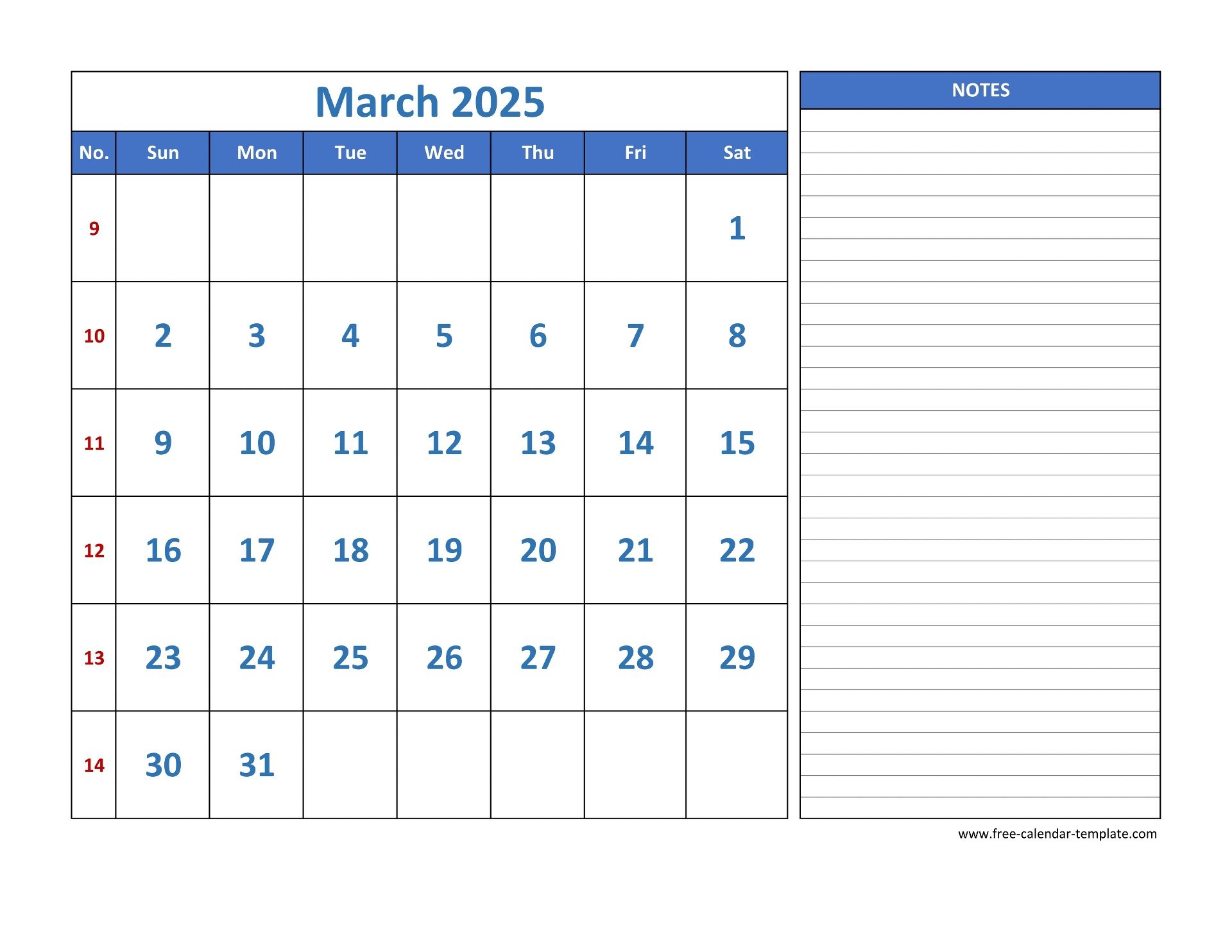 March Calendar 2025 Grid Lines For Holidays And Notes horizontal Free Calendar template March Calendar 2025 Grid Lines For Holidays And Notes horizontal Free Calendar template