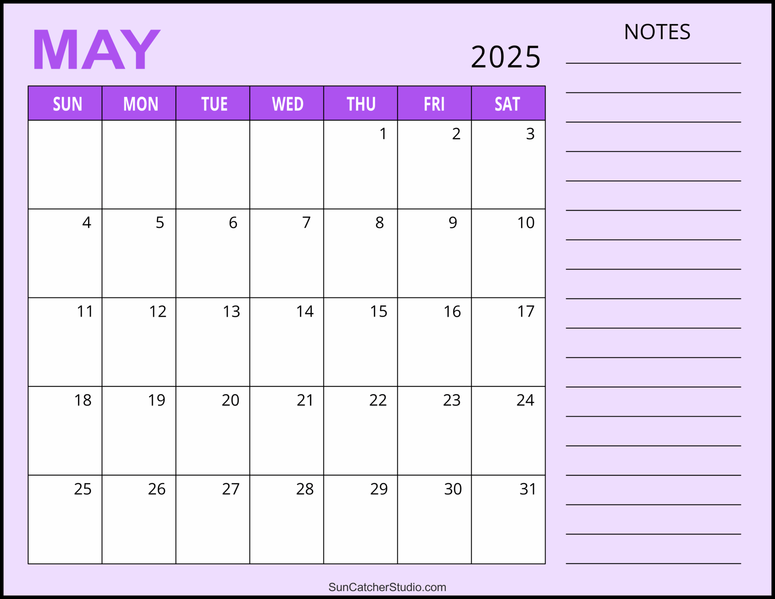 2025 Blank Calendar With Notes