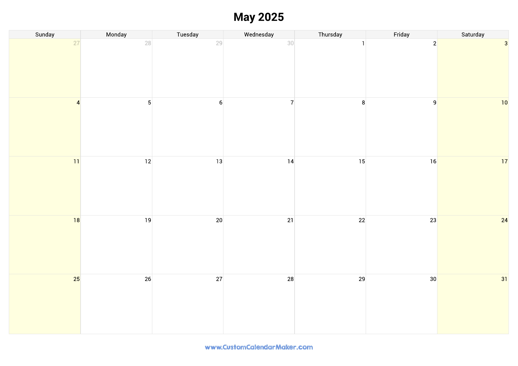 Blank Monthly Calendar 2025 Word