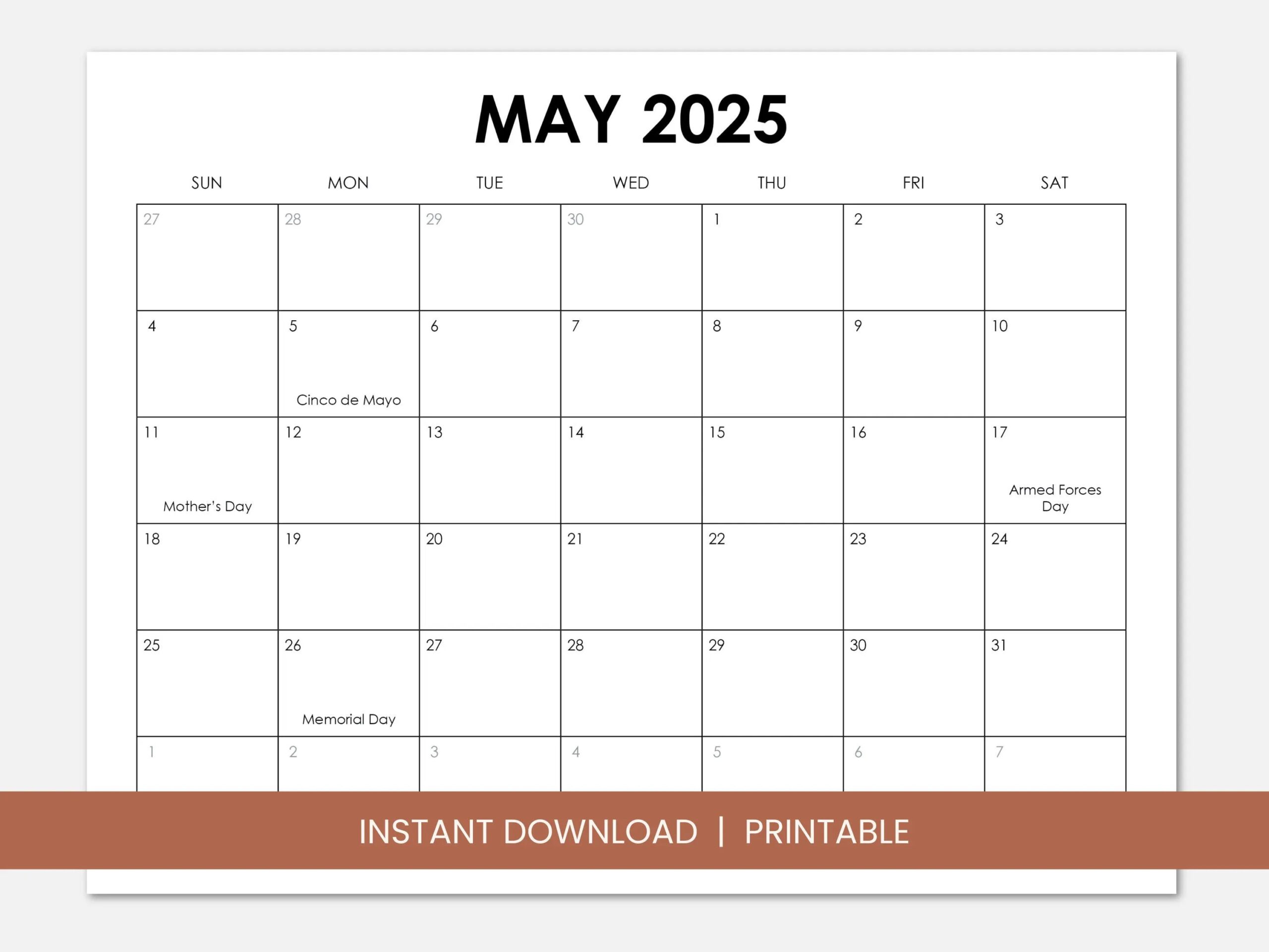 May 2025 Calendar With Holidays Printable Dated May Monthly Calendar Instant Digital Download PDF Sunday Start Or Monday Start Etsy Hong Kong