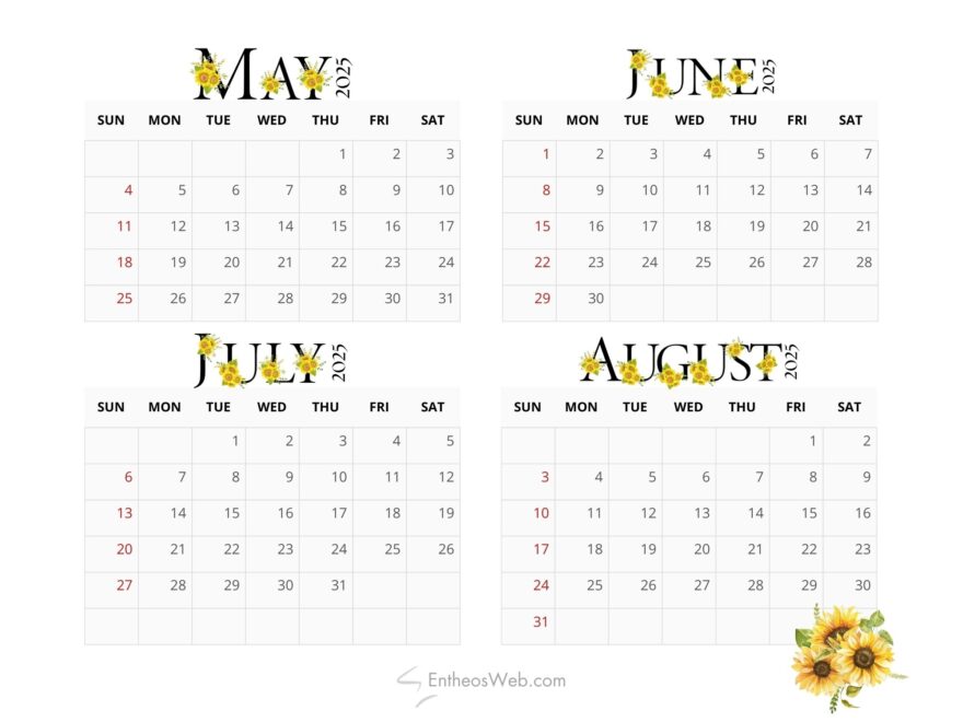 May June July August 4 Month Calendar EntheosWeb