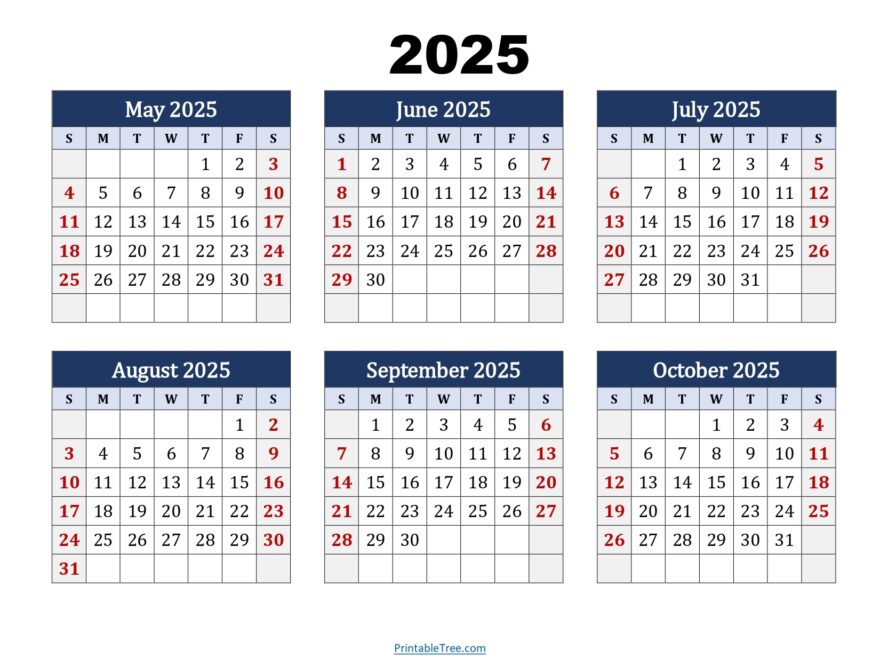 May To October 2025 Calendar Printable PDF Six Months Calendar
