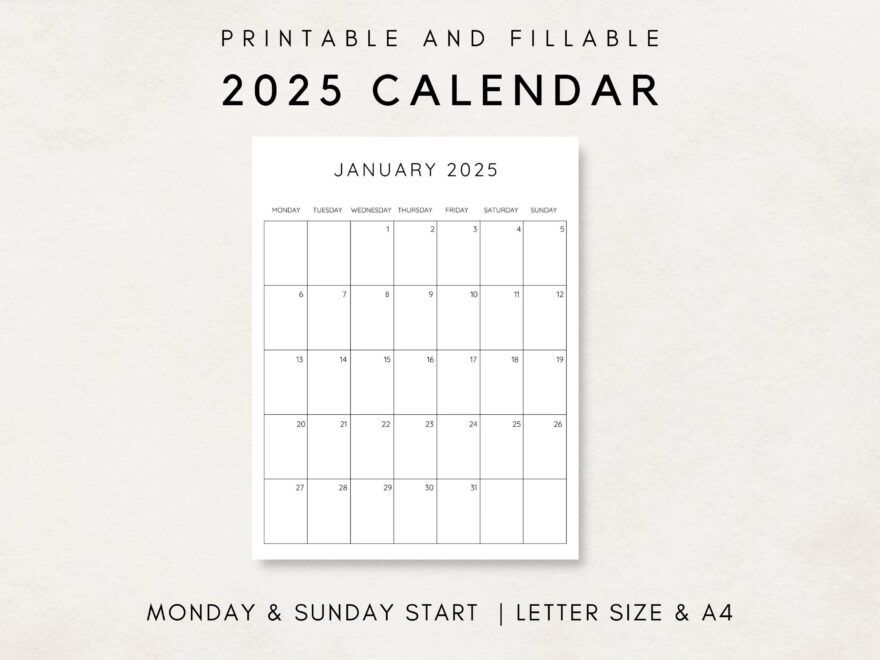 Minimalist Calendar 2025 Printable Calendar 2025 Monthly Calendar 2025 2025 Planner Month At A Glance Monthly Planner Clean Calendar Etsy
