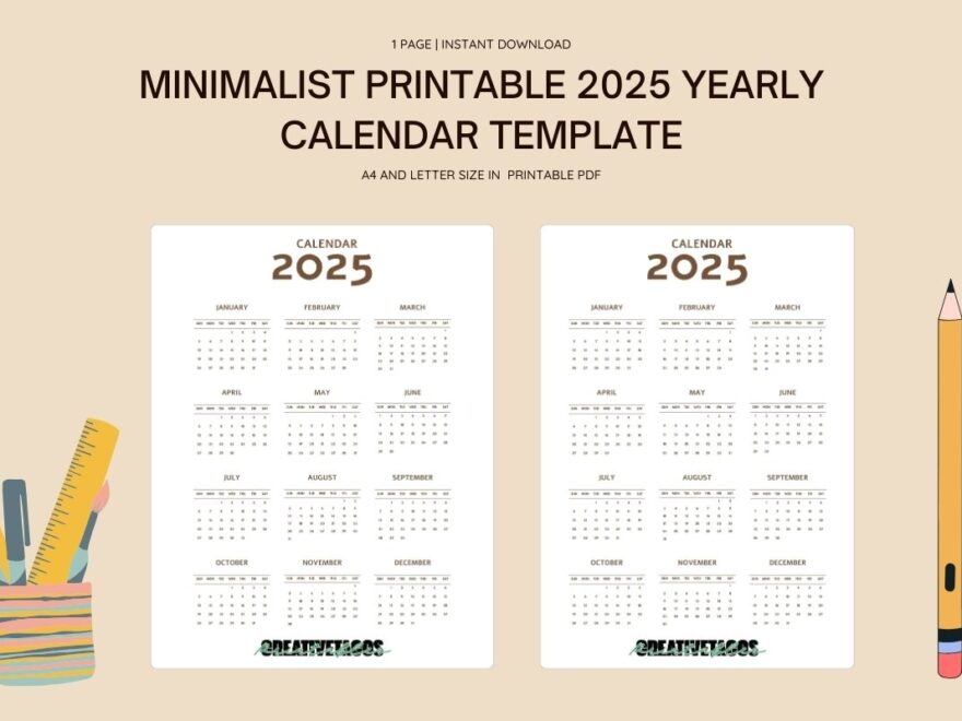 Minimalist Printable 2025 Yearly Calendar Template
