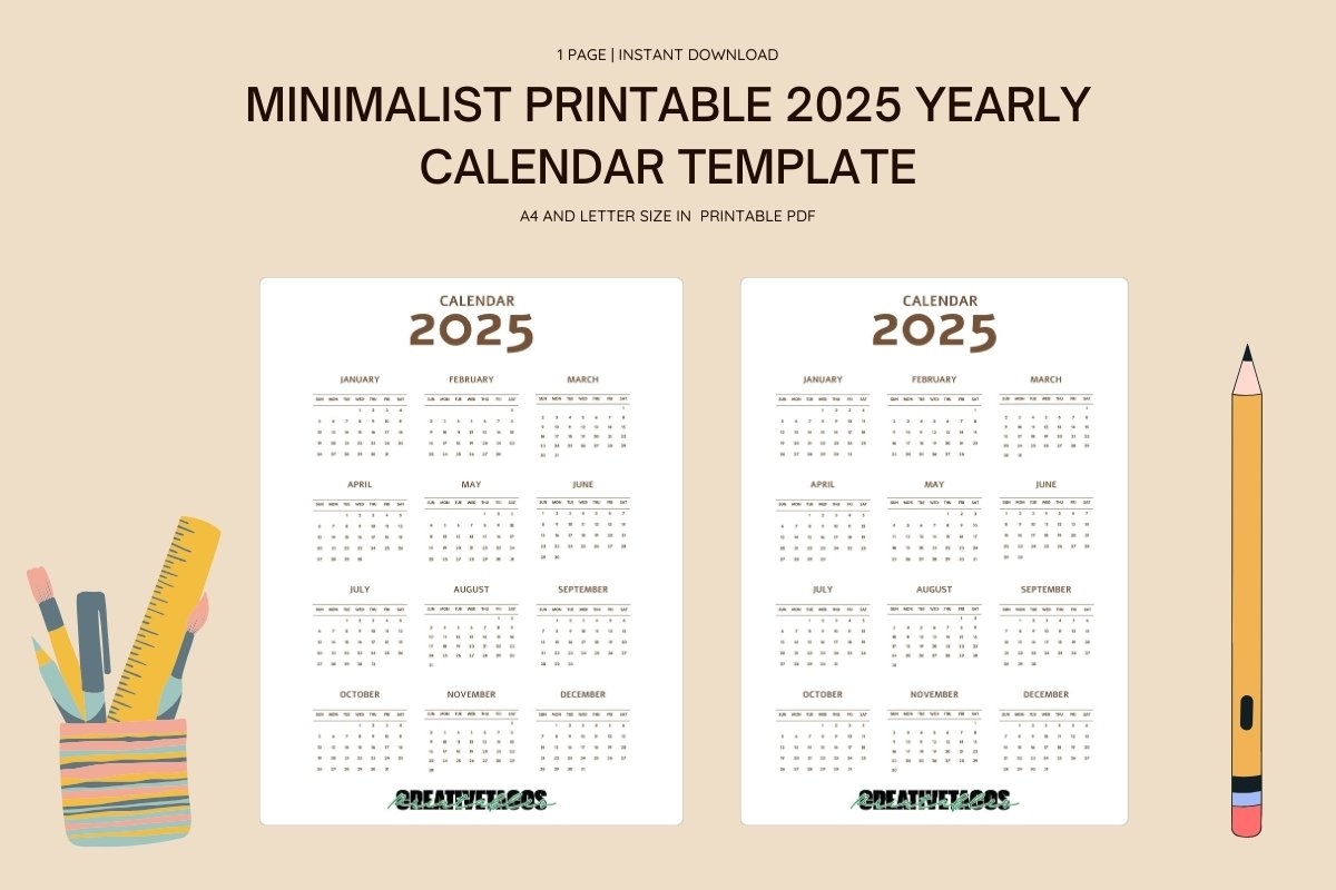 Minimalist Printable 2025 Yearly Calendar Template Minimalist Printable 2025 Yearly Calendar Template