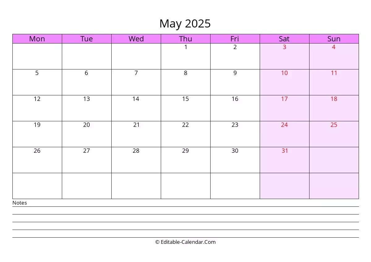 Monday Start Editable Calendar May 2025 In Excel Word PDF
