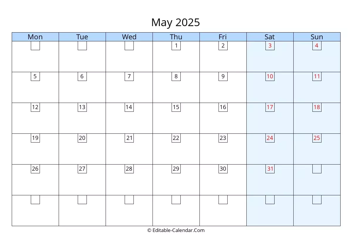 Monday Start Editable Calendar May 2025 In Excel Word PDF