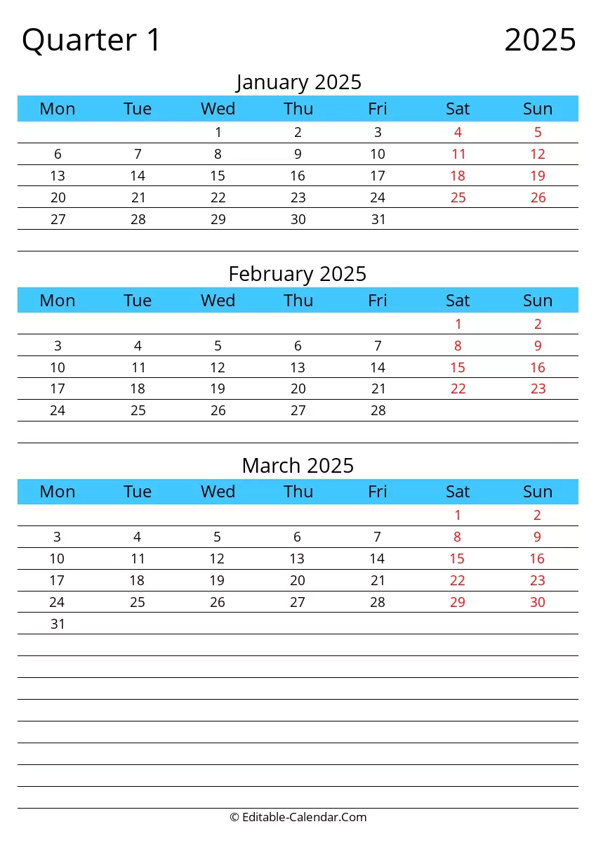 Monday Start Quarter 1 2025 Editable Calendar In Excel Word PDF