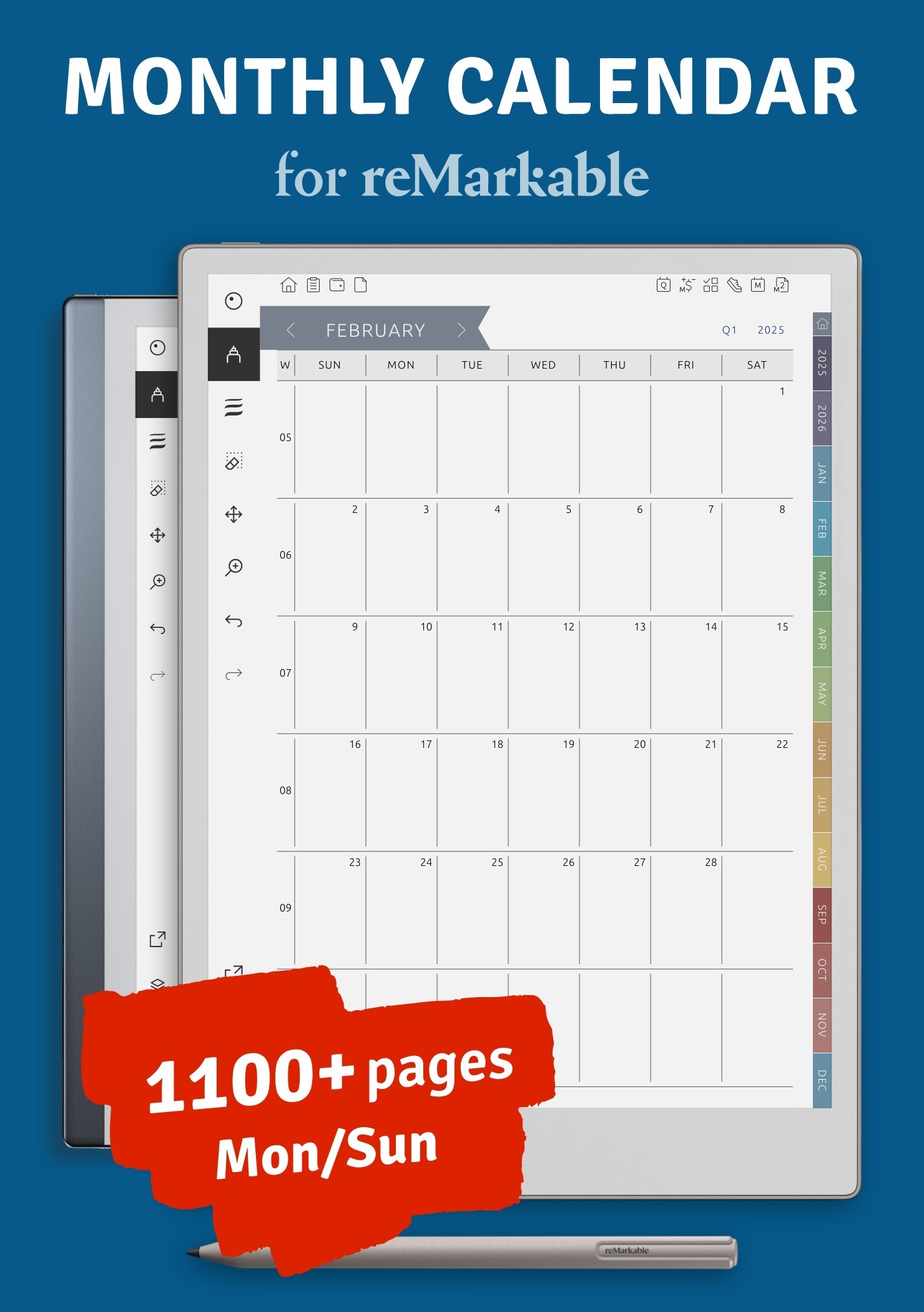 Monthly Calendar 2025 2030 For ReMarkable