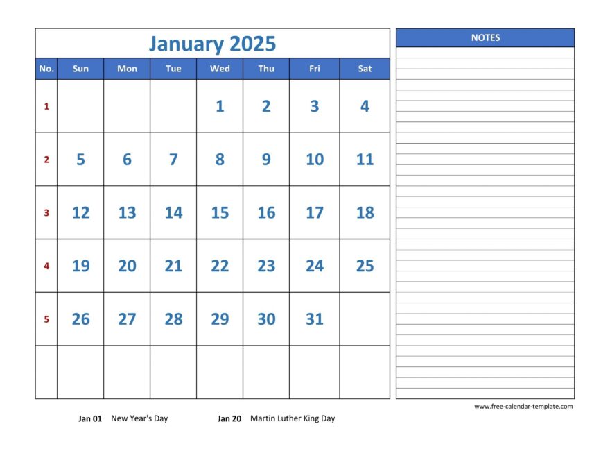 Monthly Calendar 2025 Grid Lines For Holidays And Notes horizontal Free Calendar template