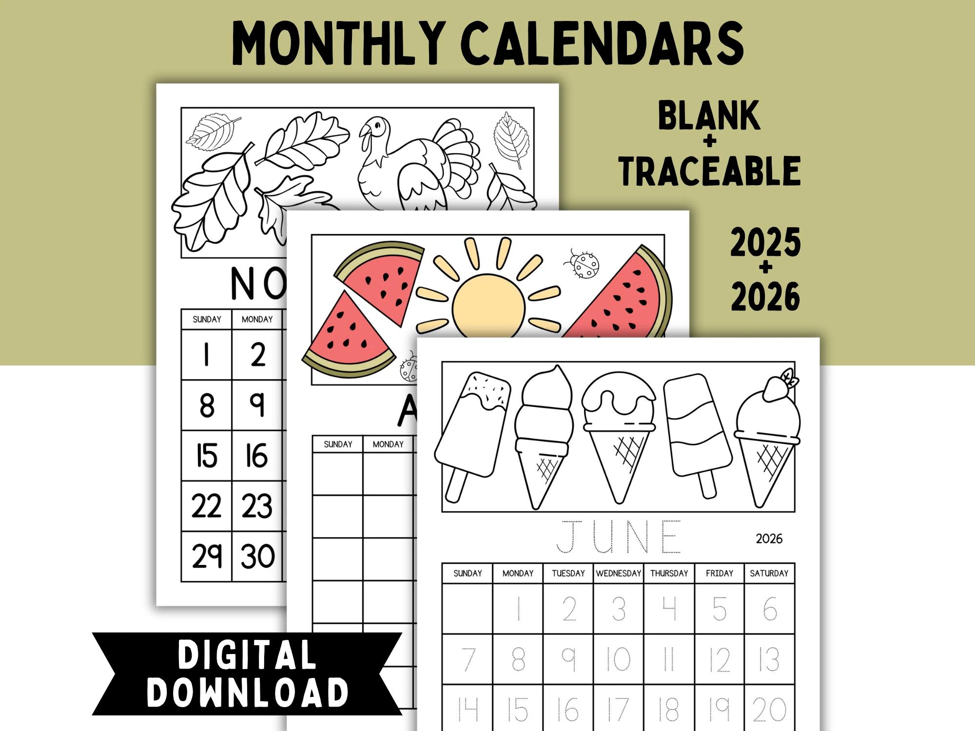 Monthly Calendar Printable Set Blank Reusable Templates July 2025 December 2026 Traceable Dates Full Year Kids Coloring Pages Etsy Canada