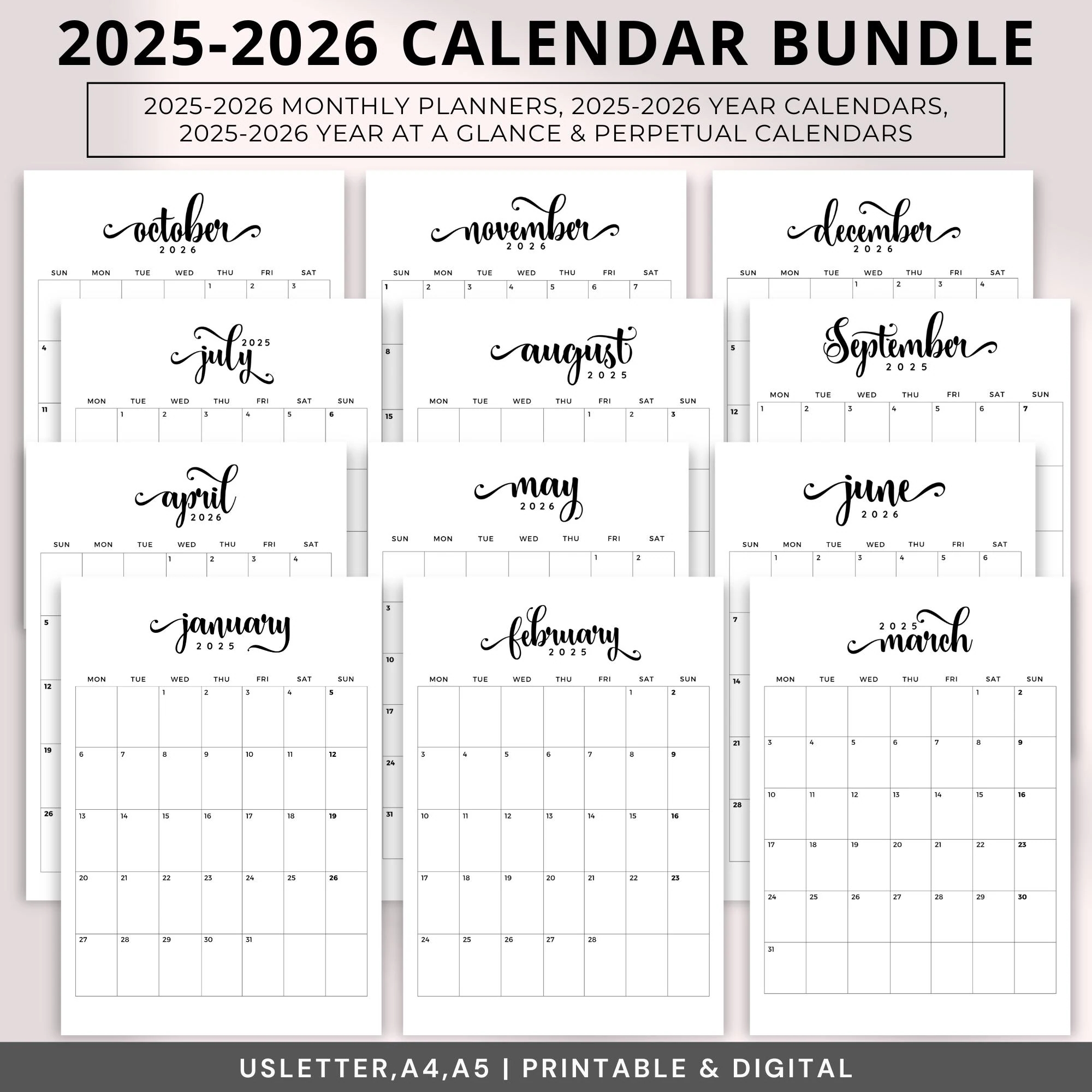 Monthly Planner 2025 2026 Printable 2025 2026 Calendar Bundle editable Portrait Monthly Calendars perpetual Calendars year At A Glance A4 Etsy