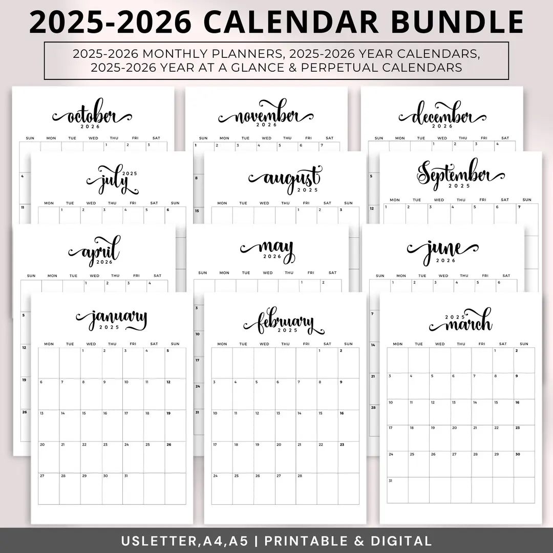 Monthly Planner 2025 2026 Printable 2025 2026 Calendar Bundle editable Portrait Monthly Calendars perpetual Calendars year At A Glance A4 Etsy