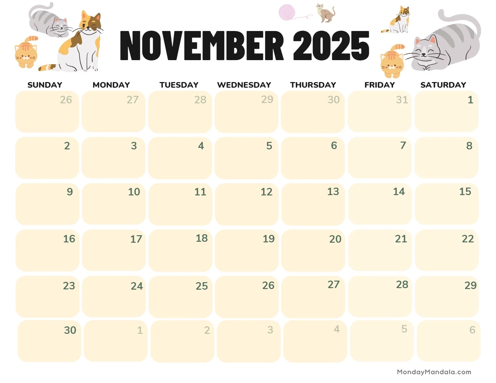 Blank Calendar November 2025 Monday Start
