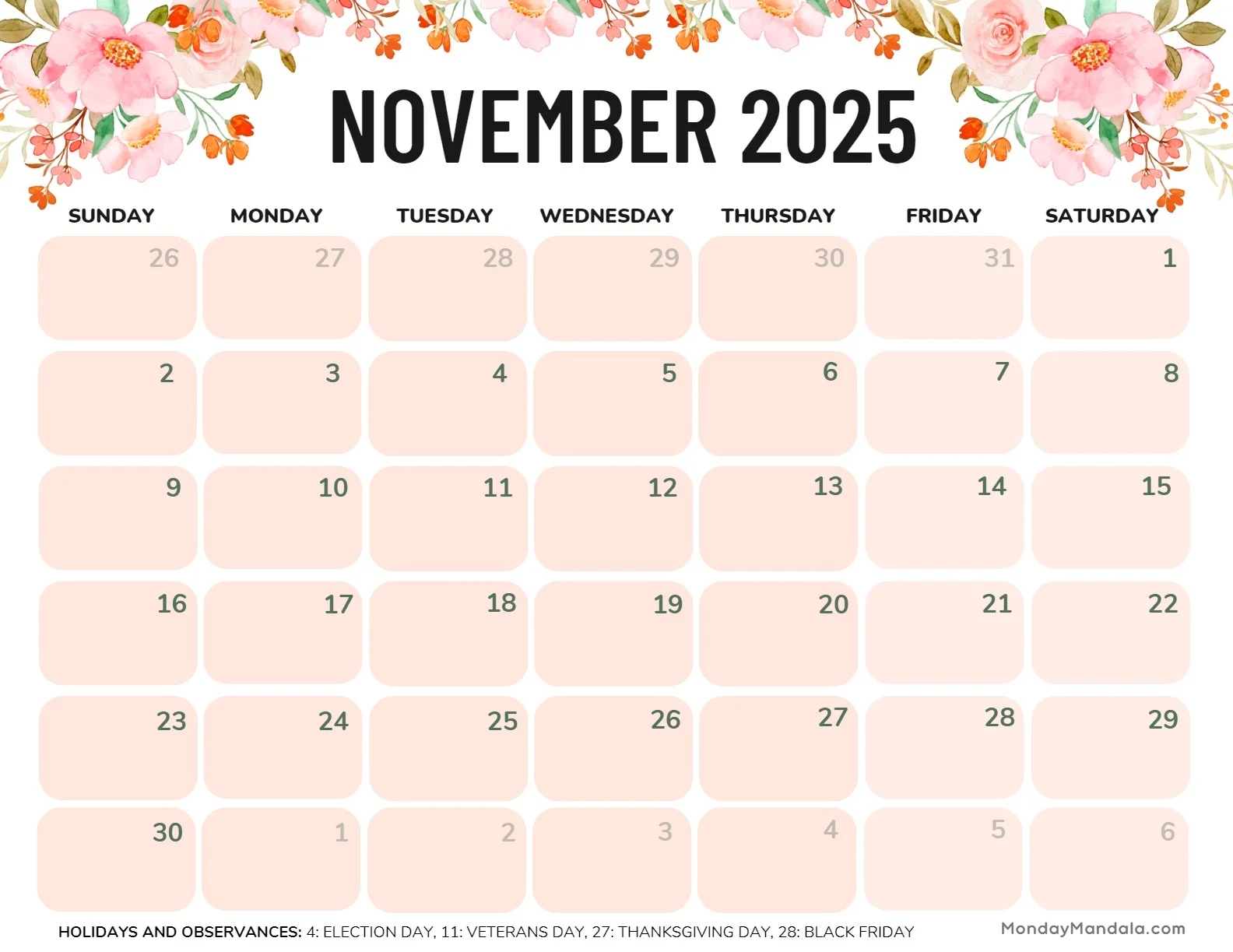 November 2025 Calendar 52 Free PDF Printables 