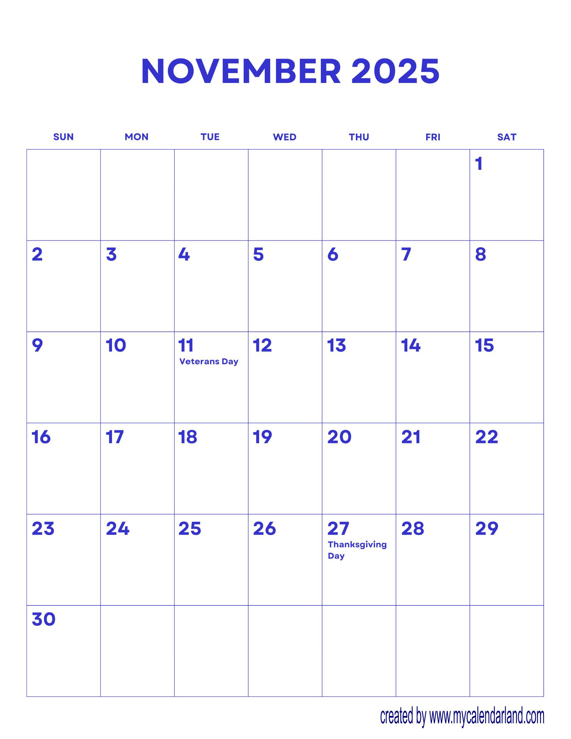 November 2025 Calendar My Calendar Land