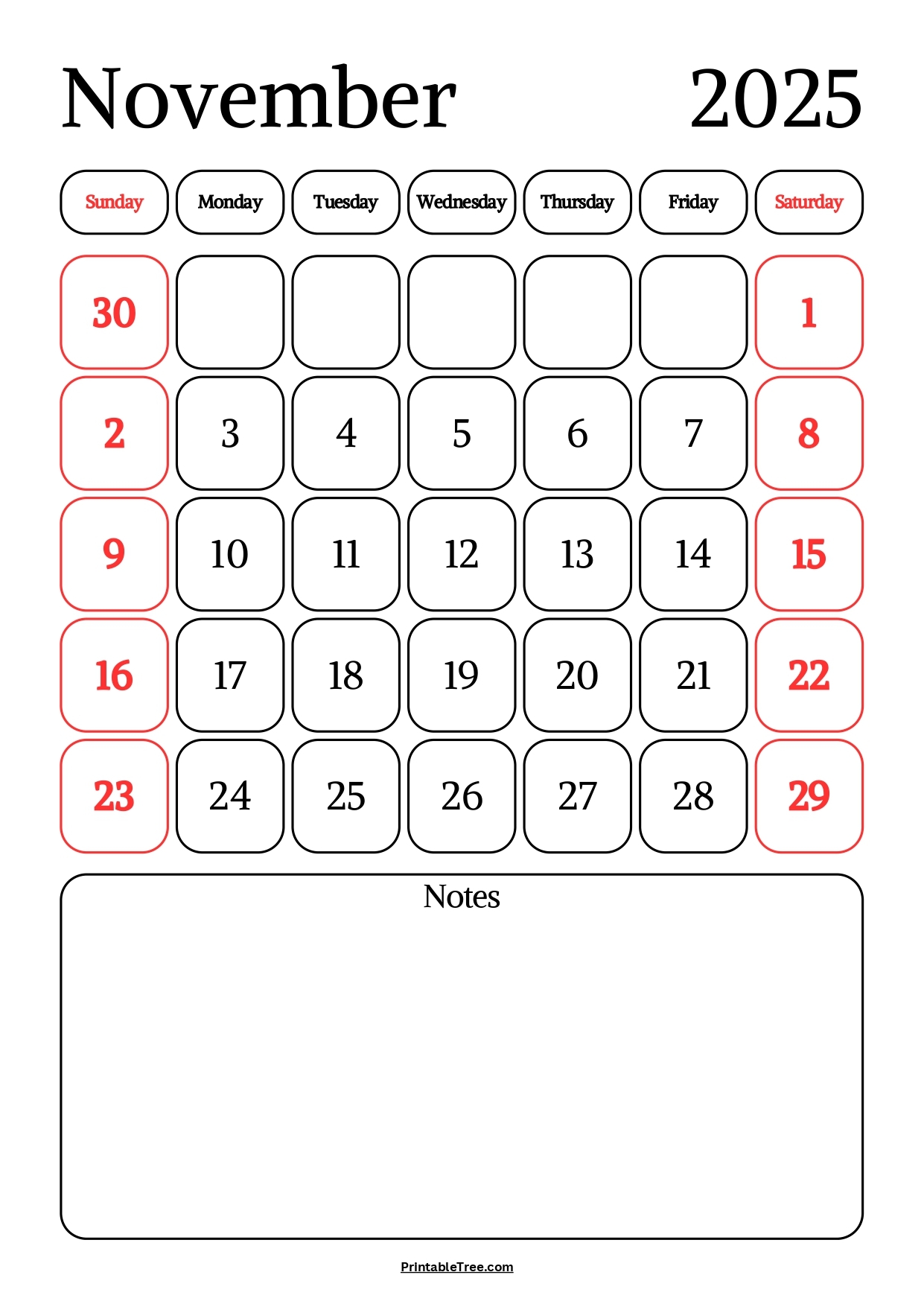November 2025 Calendar Printable PDF Template With Holidays November 2025 Calendar Printable PDF Template With Holidays