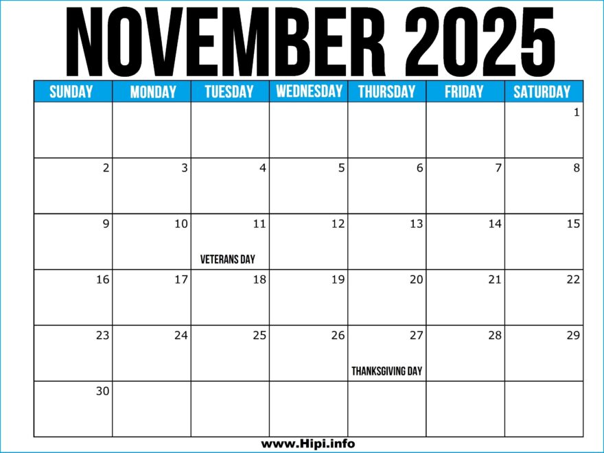 November 2025 Calendar Printable US With Holidays Hipi info