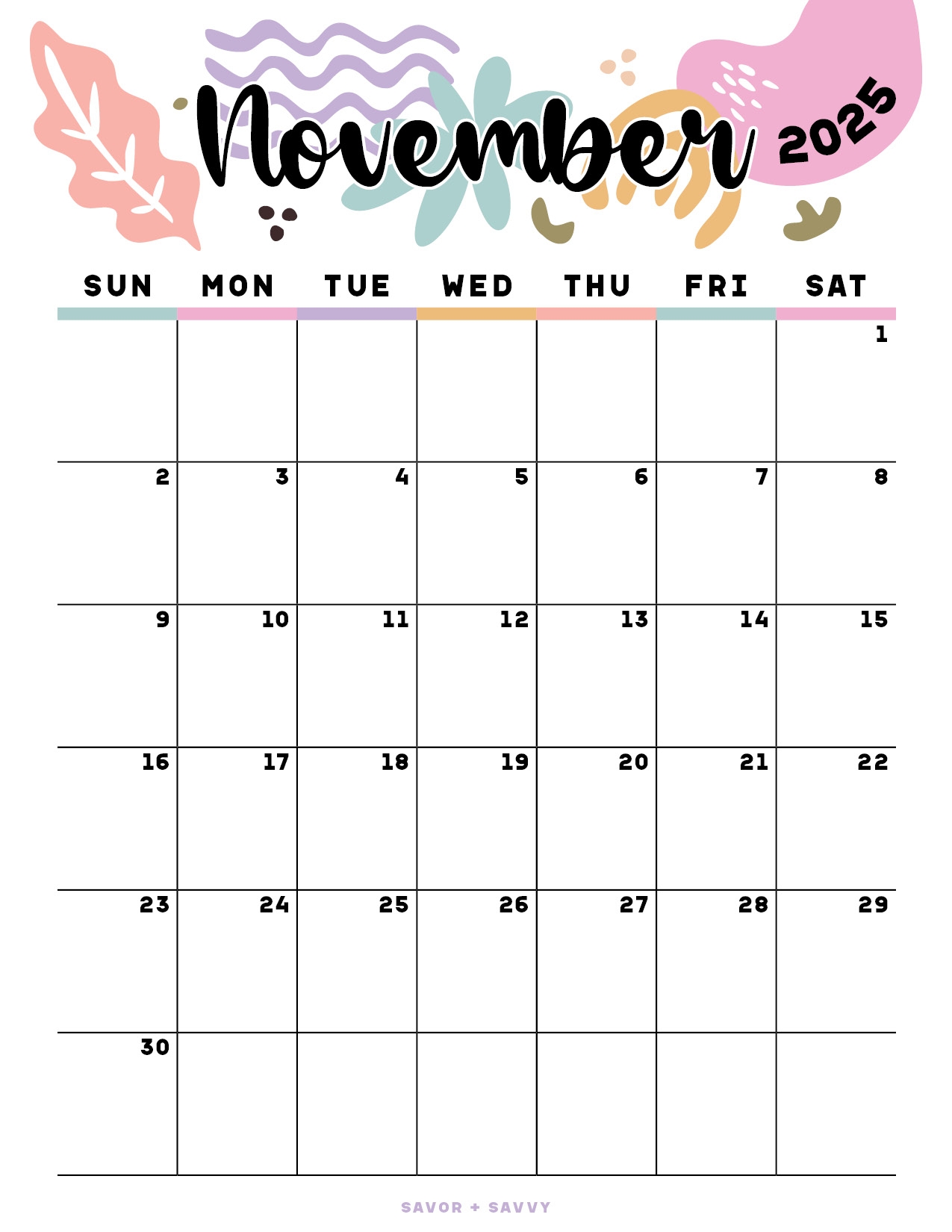 November 2025 Calendar Templates 14 Free Printables Savor Savvy