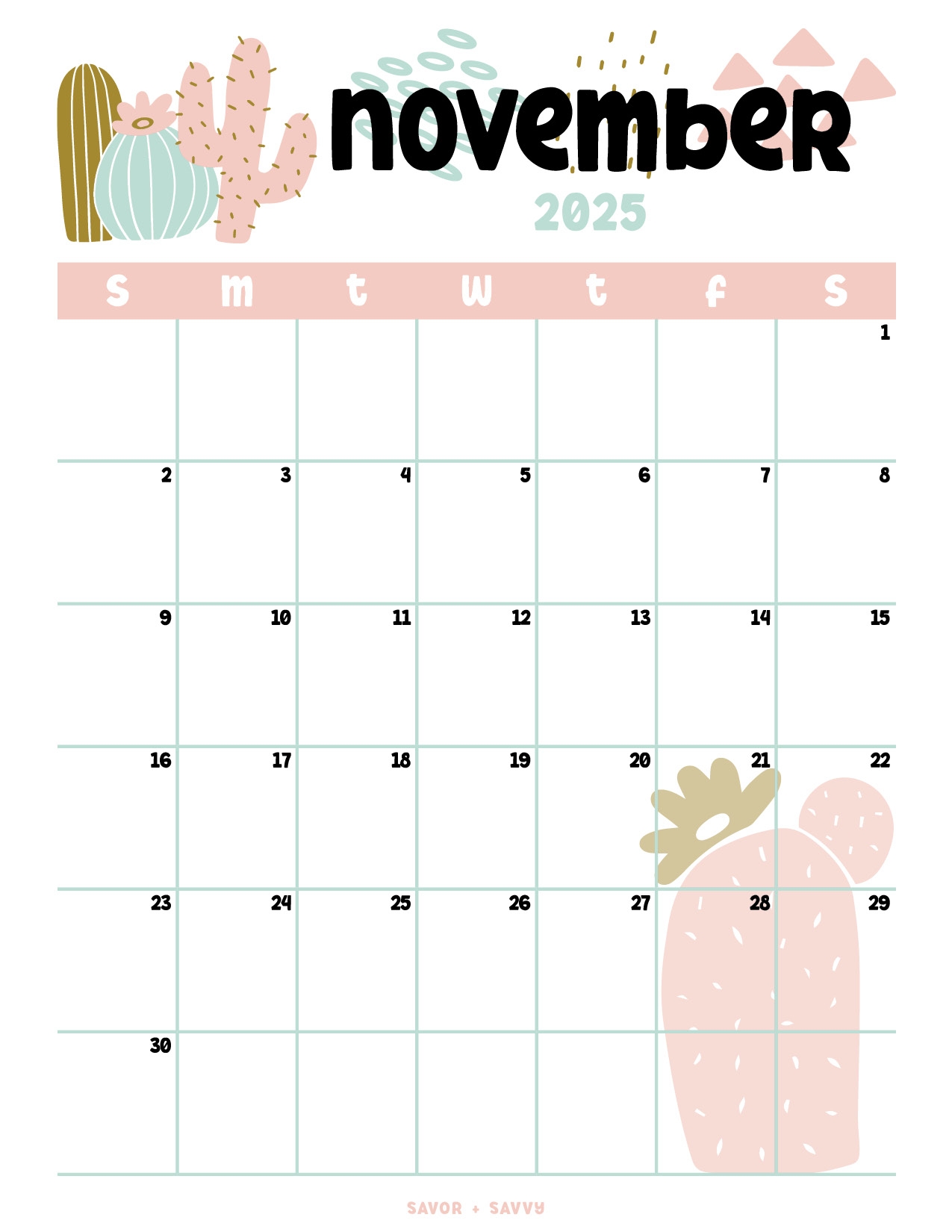 November 2025 Calendar Templates 14 Free Printables Savor Savvy