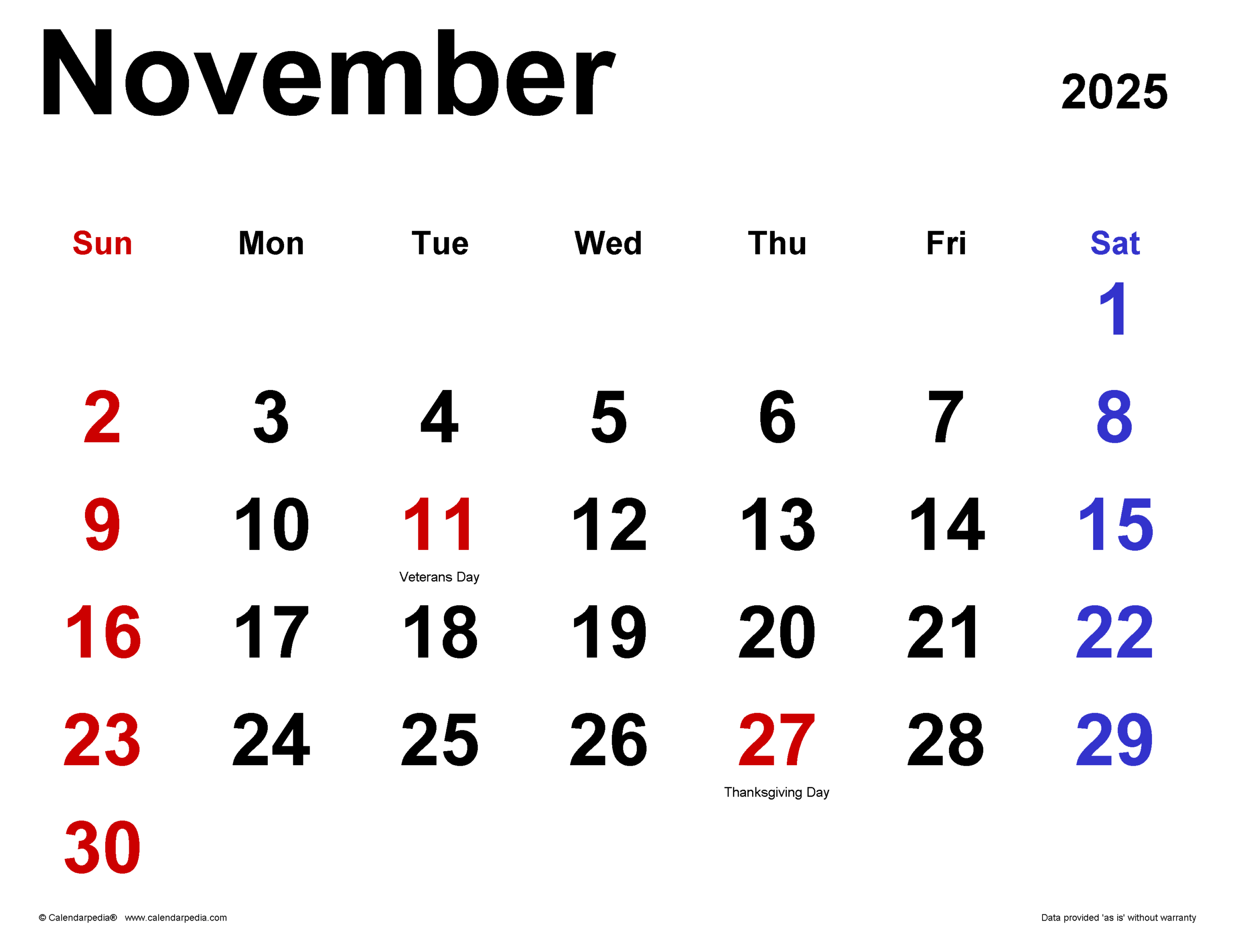 Blank Calendars 2025 November