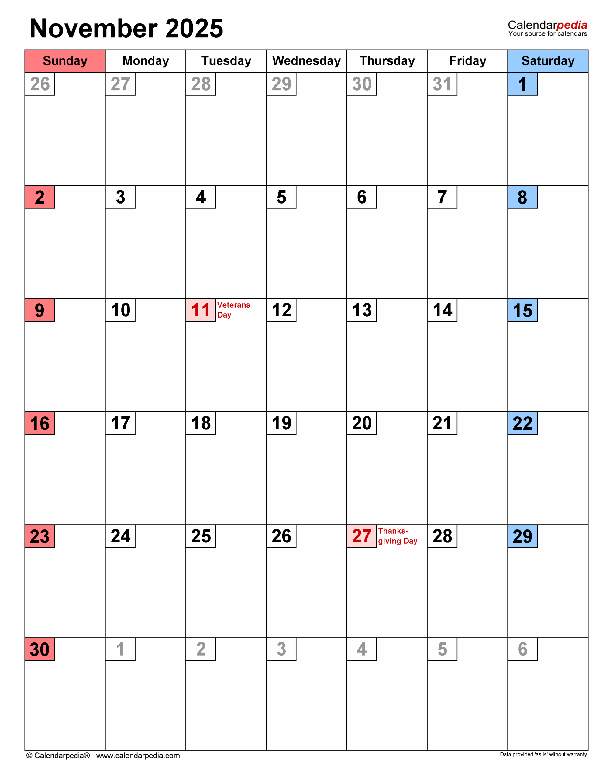 Blank November 2025 Monthly Calendar