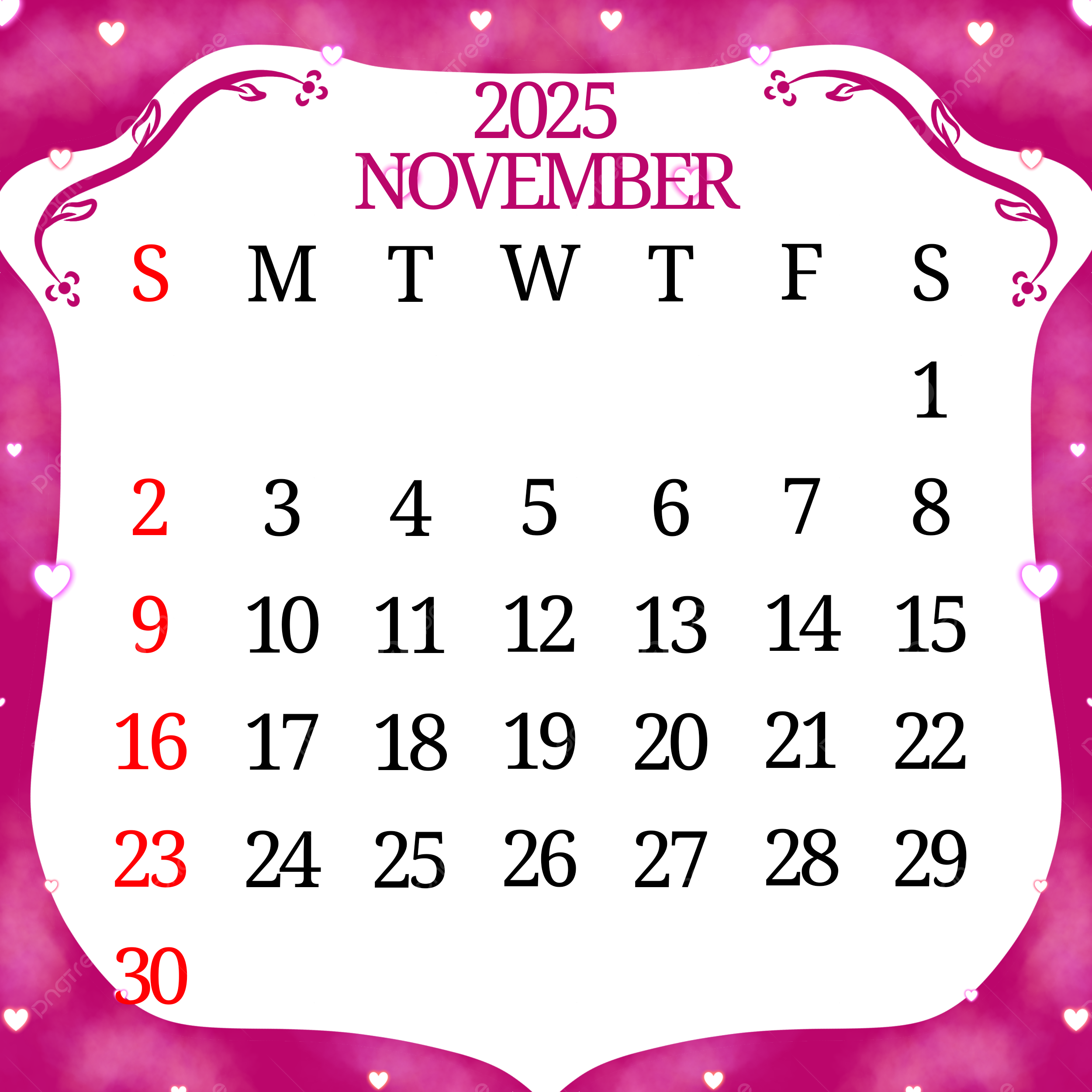 November 2025 Calendar With Aesthetic White Magenta Frame Illustration Template Download On Pngtree