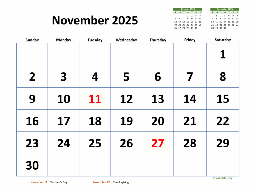 November 2025 Calendar With Extra large Dates WikiDates