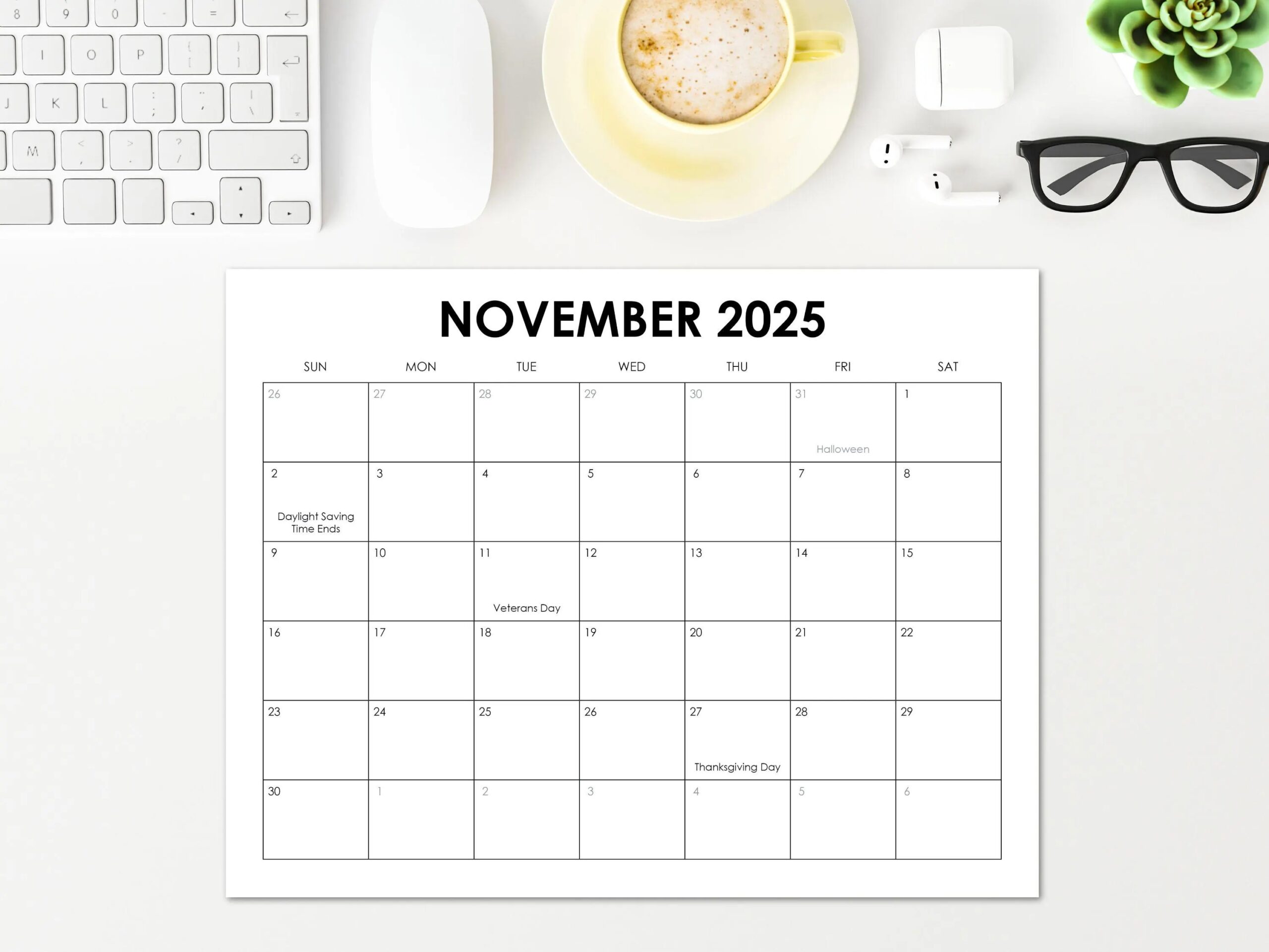 November 2025 Calendar With Holidays Printable Dated November Monthly Calendar Instant Digital Download PDF Sunday Start Monday Start Etsy