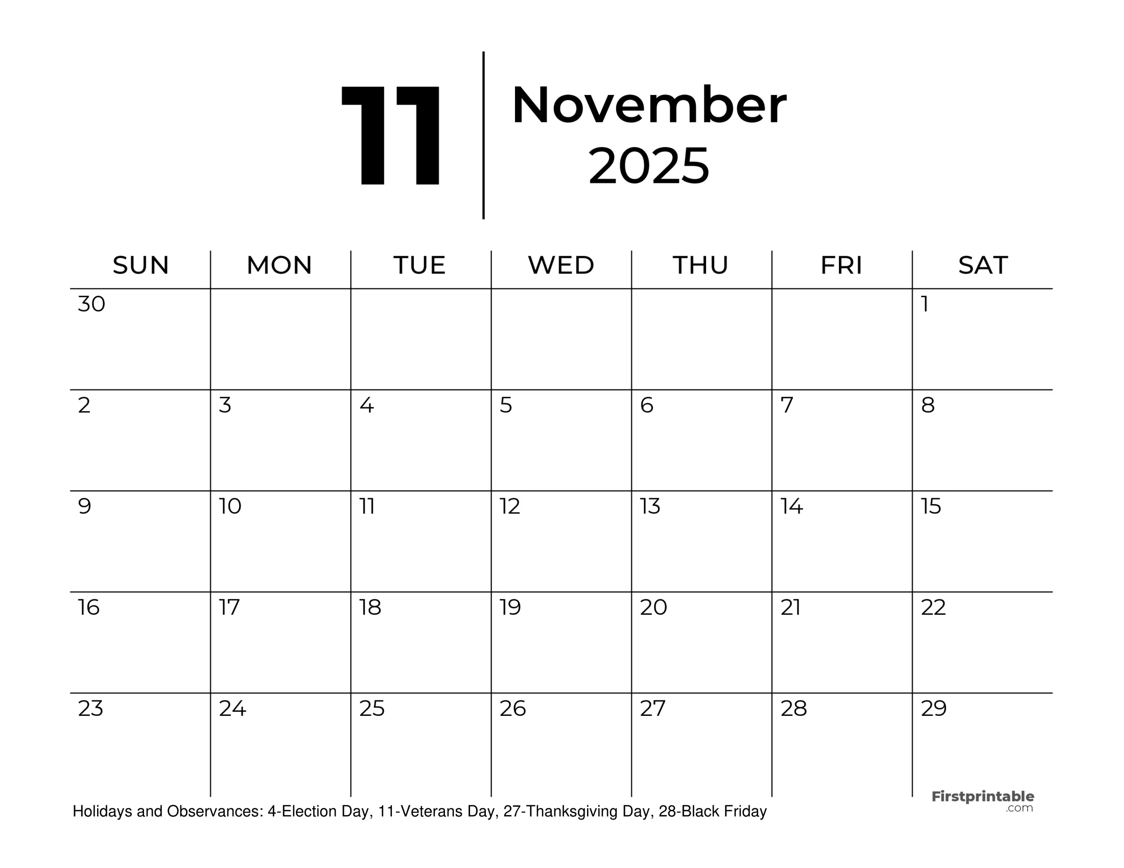 Blank Calendar 2025 Nov
