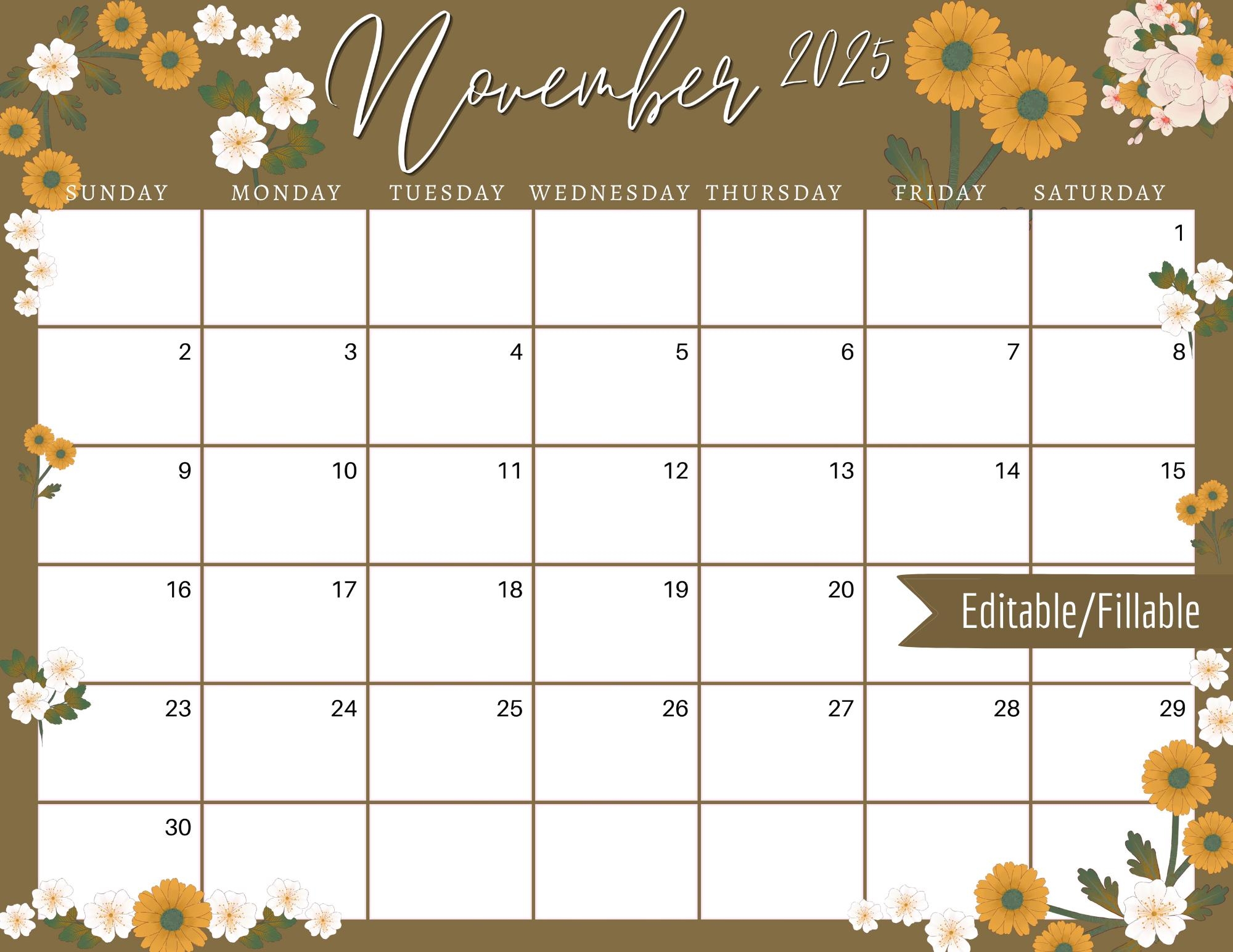 November 2025 Digital Calendar Chrysanthemums Flowers Planner Editable Fillable Printable Calendar For Planning PDF PNG And JPG Download Etsy